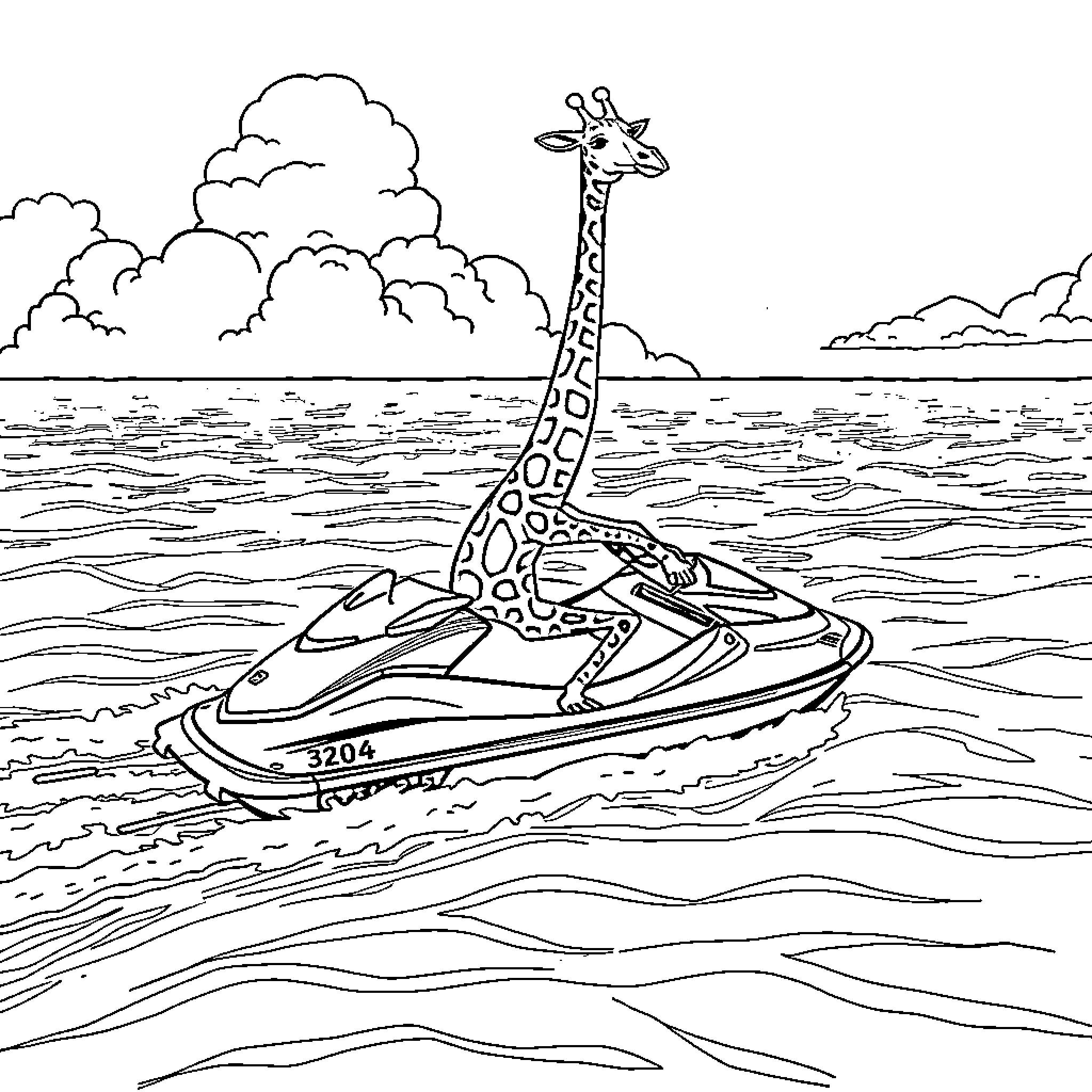 Giraffe enjoying a jet ski ride on the water Coloring Page (free black-and-white line drawing printable PDF for all, from beginners to advanced learners, including children, teens, adults, and seniors)