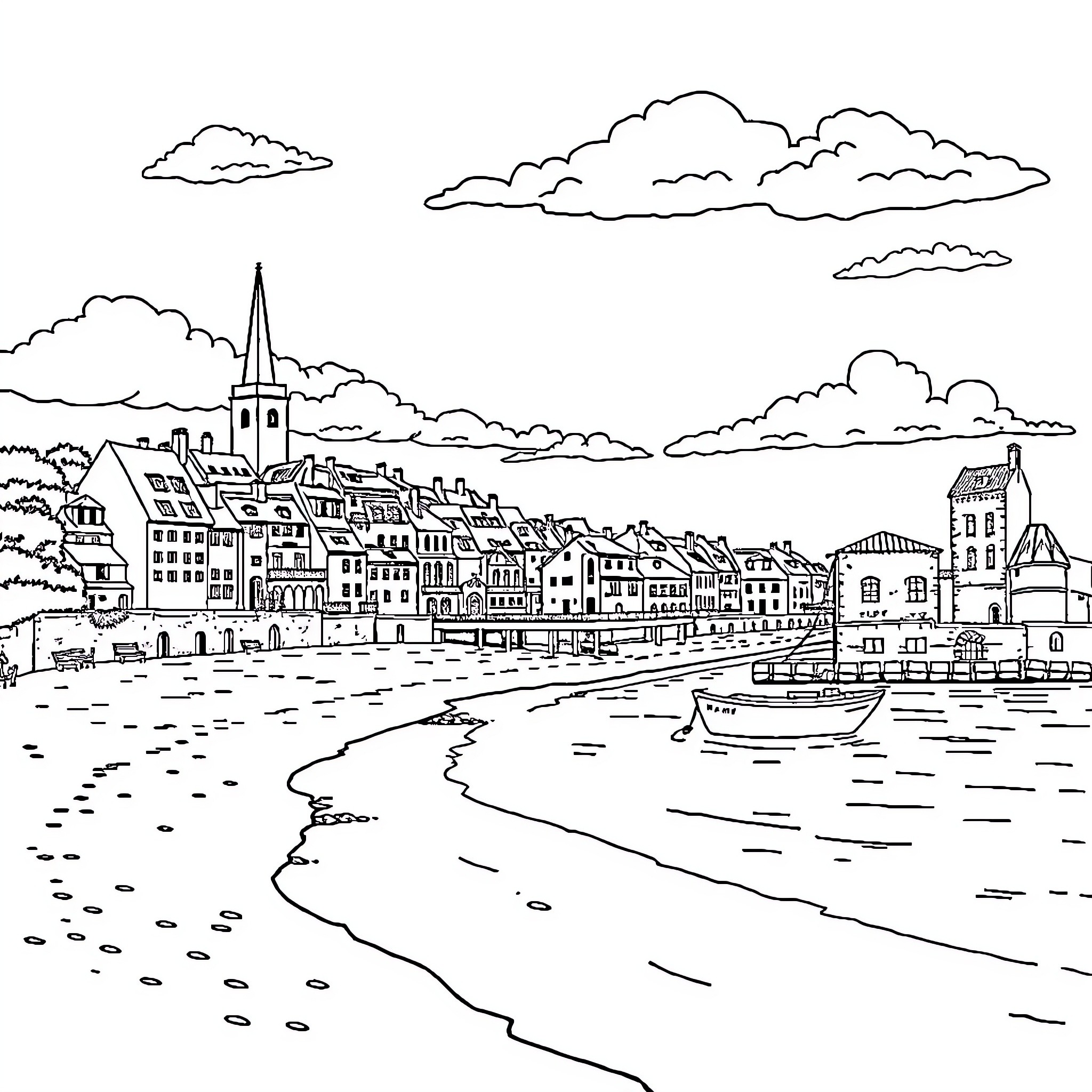 Vendée coastal town with harbor and boats Coloring Page (free black-and-white line drawing printable PDF for all, from beginners to advanced learners, including children, teens, adults, and seniors)