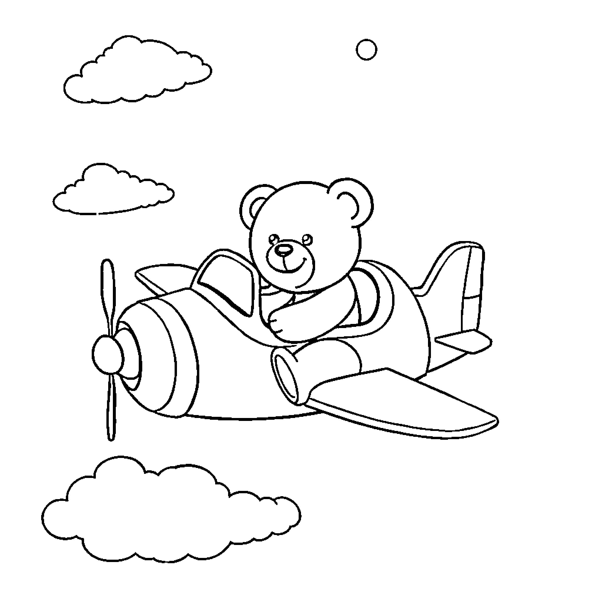 Teddy Bear flying an airplane in the sky Coloring Page (free black-and-white line drawing printable PDF for all, from beginners to advanced learners, including children, teens, adults, and seniors)