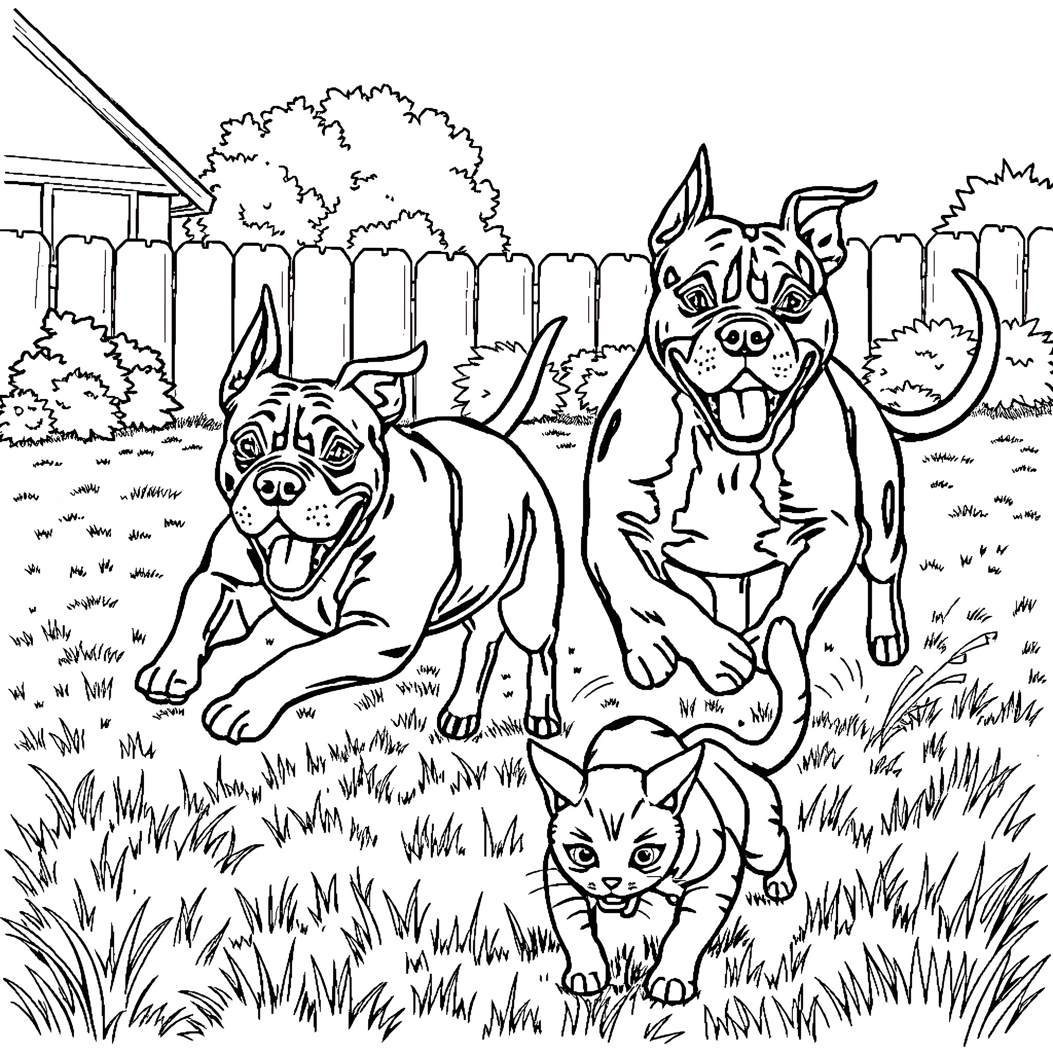 Pitbull dogs playing happily in the backyard Coloring Page (free black-and-white line drawing printable PDF for all, from beginners to advanced learners, including children, teens, adults, and seniors)
