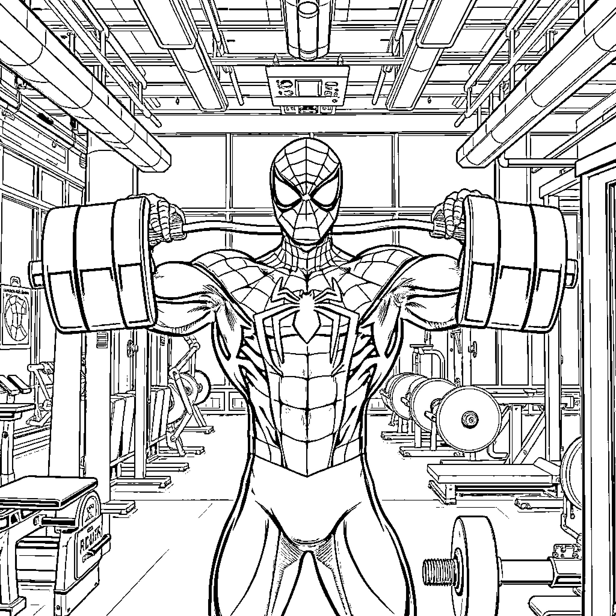 Spiderman in Heroic Stance at Workshop Coloring Page (free black-and-white line drawing printable PDF for all, from beginners to advanced learners, including children, teens, adults, and seniors)