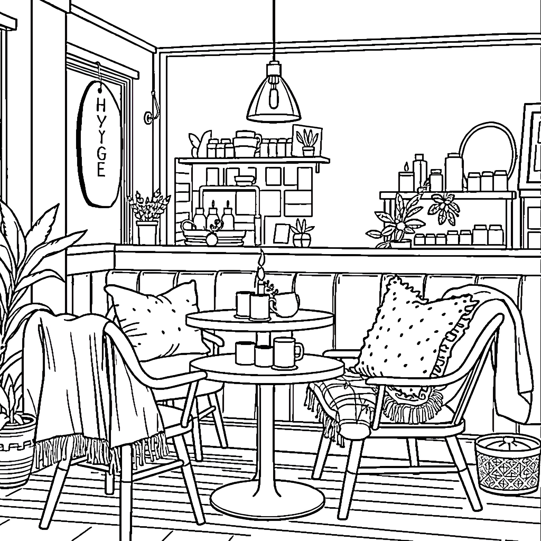 Coffee Shop with Cozy Seating and Decor Coloring Page (free black-and-white line drawing printable PDF for all, from beginners to advanced learners, including children, teens, adults, and seniors)