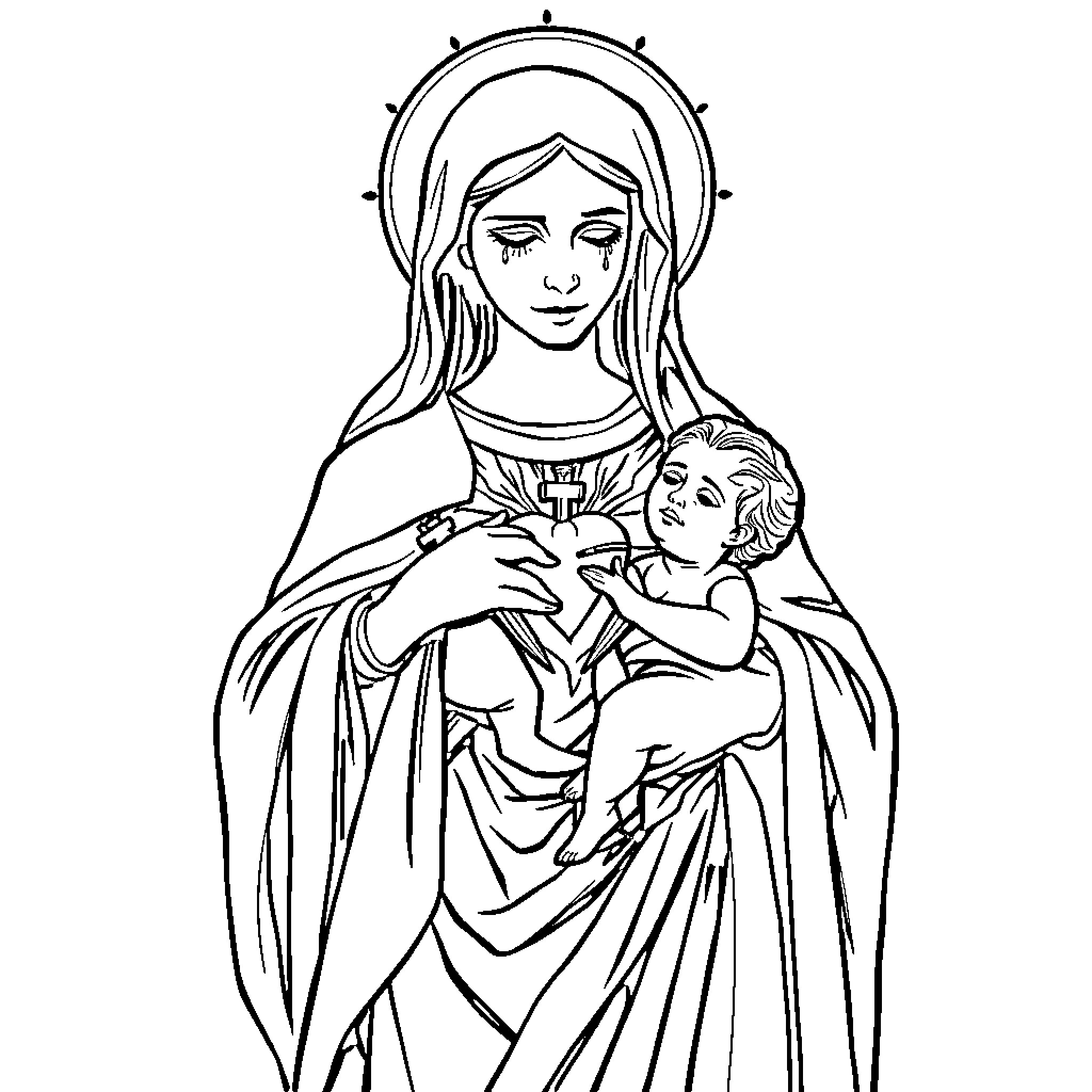 Madonna cradling a child in a peaceful embrace Coloring Page (free black-and-white line drawing printable PDF for all, from beginners to advanced learners, including children, teens, adults, and seniors)