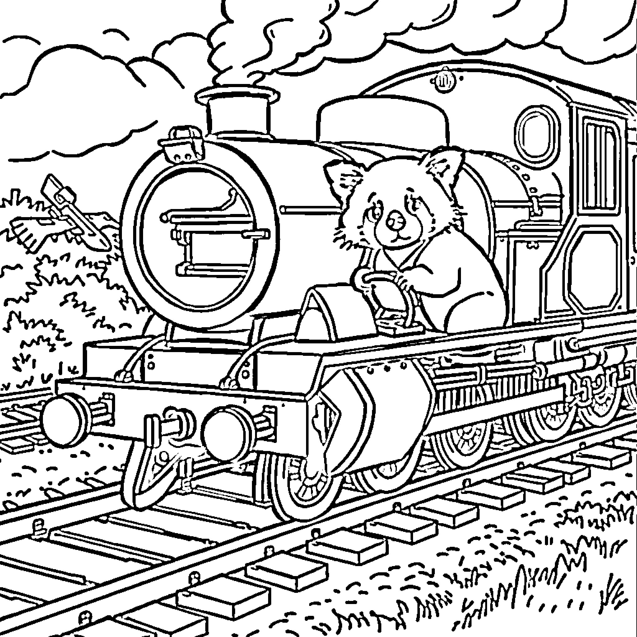 Train with Animal Conductor Pulling Out of Station Coloring Page (free black-and-white line drawing printable PDF for all, from beginners to advanced learners, including children, teens, adults, and seniors)