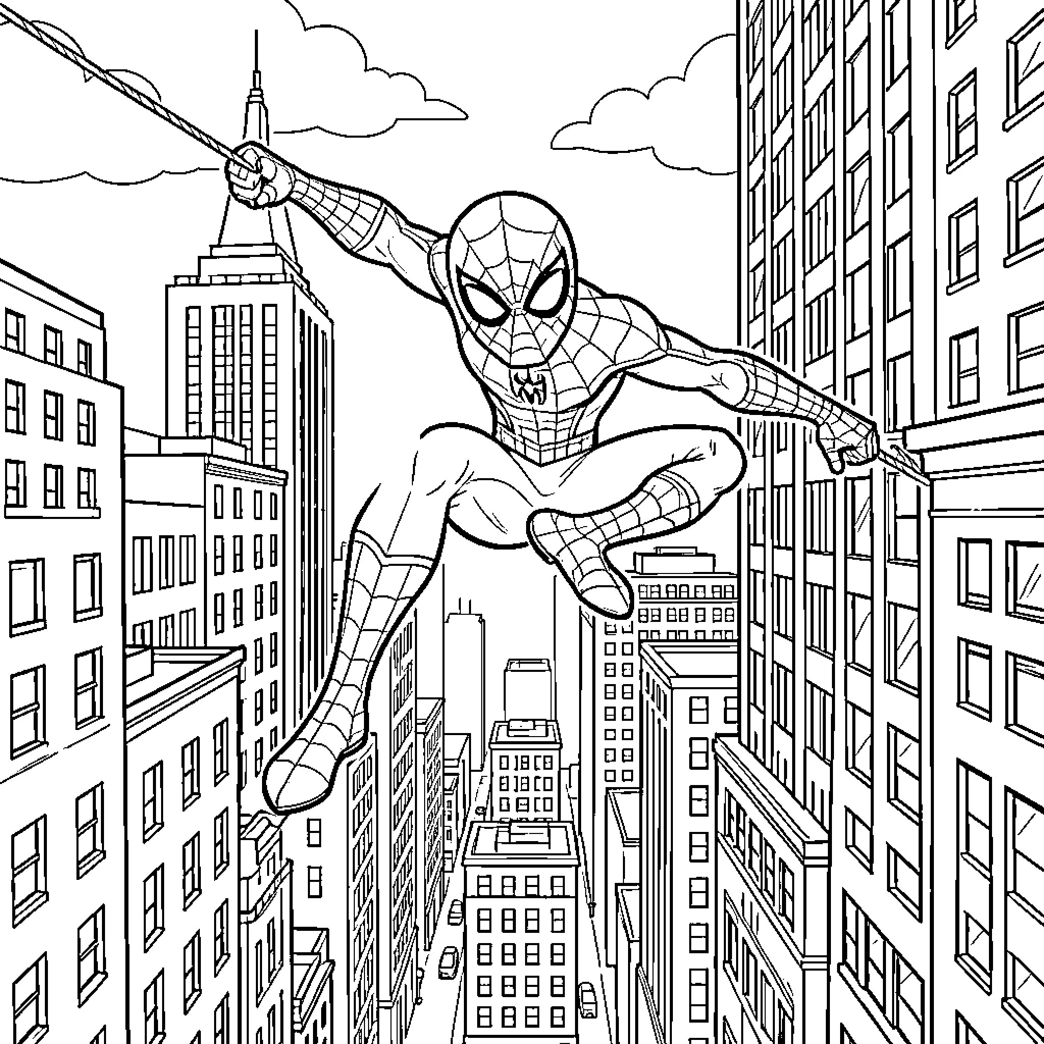 Spidey swings through the city skyline Coloring Page (free black-and-white line drawing printable PDF for all, from beginners to advanced learners, including children, teens, adults, and seniors)