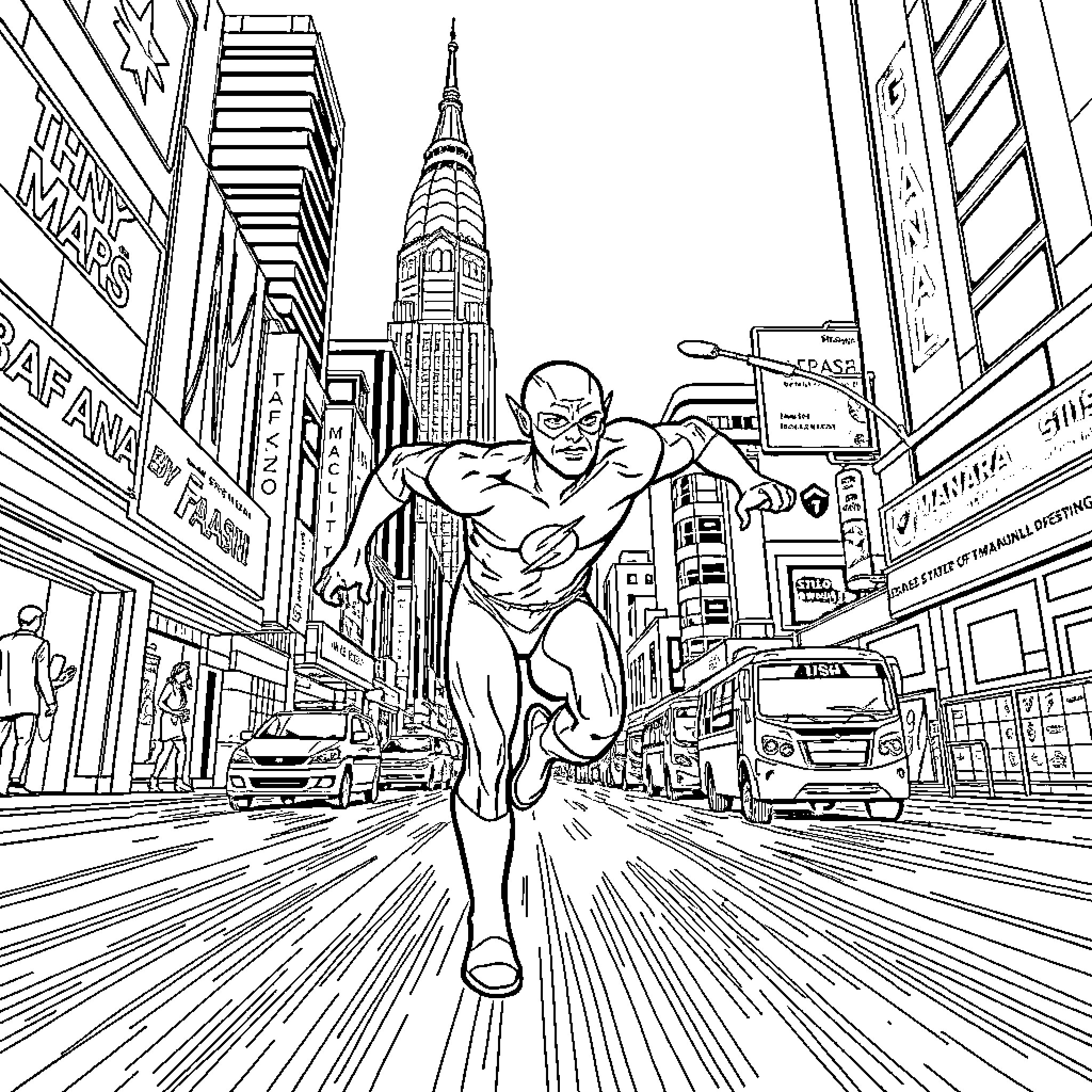 Flash Superhero Races Through Bustling City Coloring Page (free black-and-white line drawing printable PDF for all, from beginners to advanced learners, including children, teens, adults, and seniors)