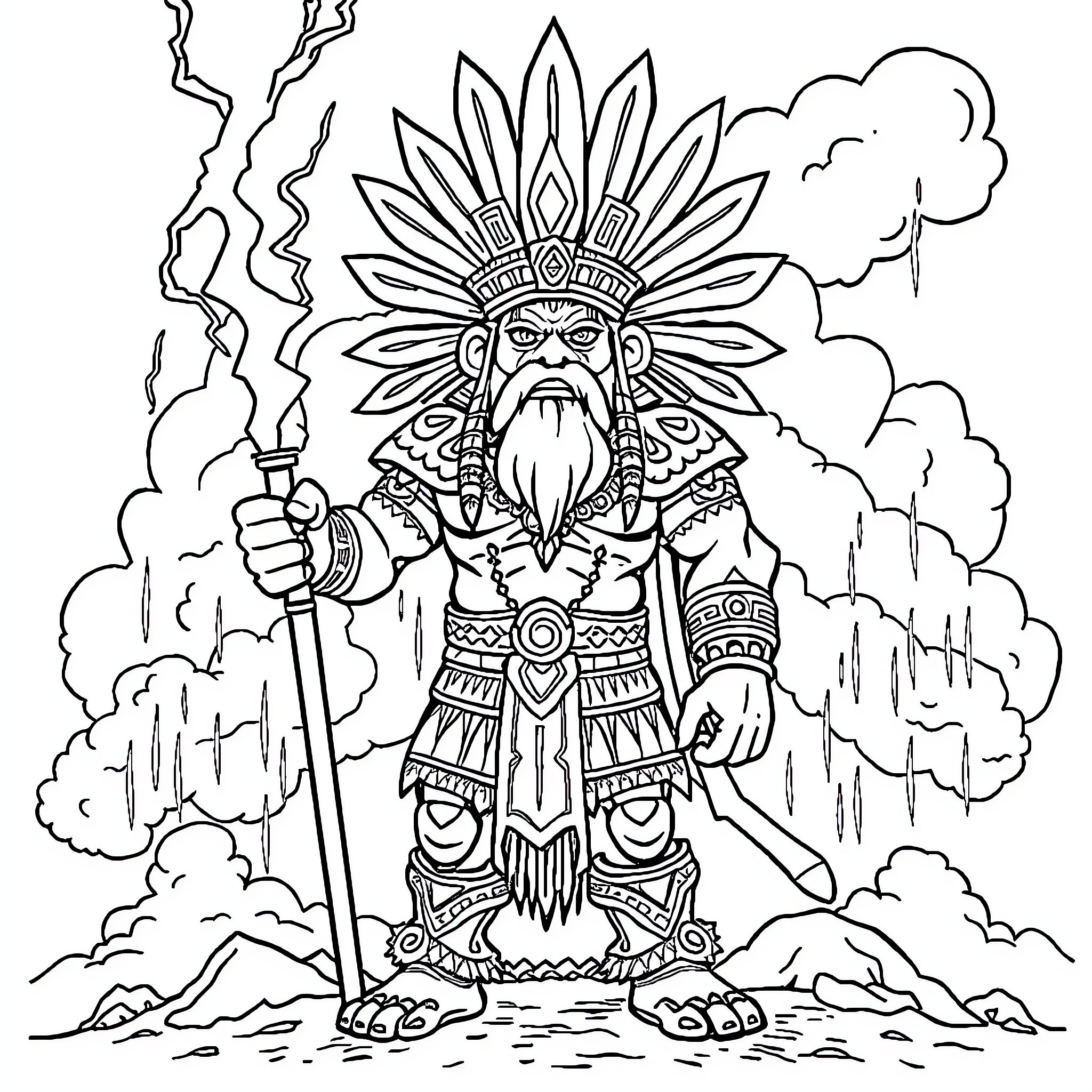 Tlaloc, the Aztec Rain God, wielding his staff amidst stormy clouds Coloring Page (free black-and-white line drawing printable PDF for all, from beginners to advanced learners, including children, teens, adults, and seniors)