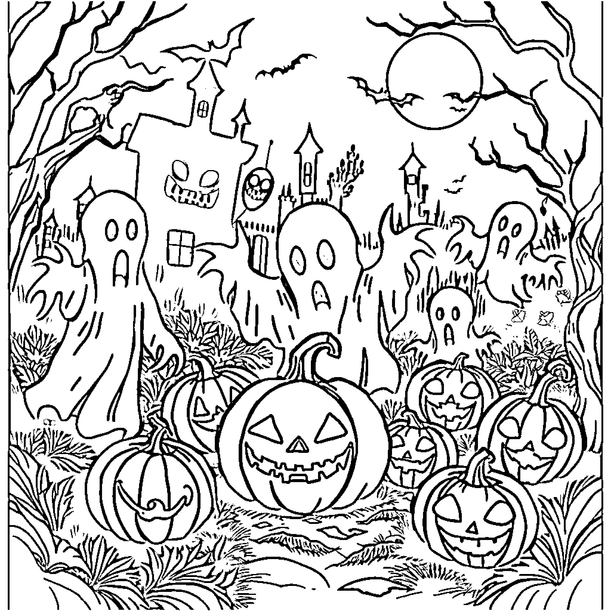 Halloween Spooky Pumpkins and Haunted House Scene Coloring Page (free black-and-white line drawing printable PDF for all, from beginners to advanced learners, including children, teens, adults, and seniors)