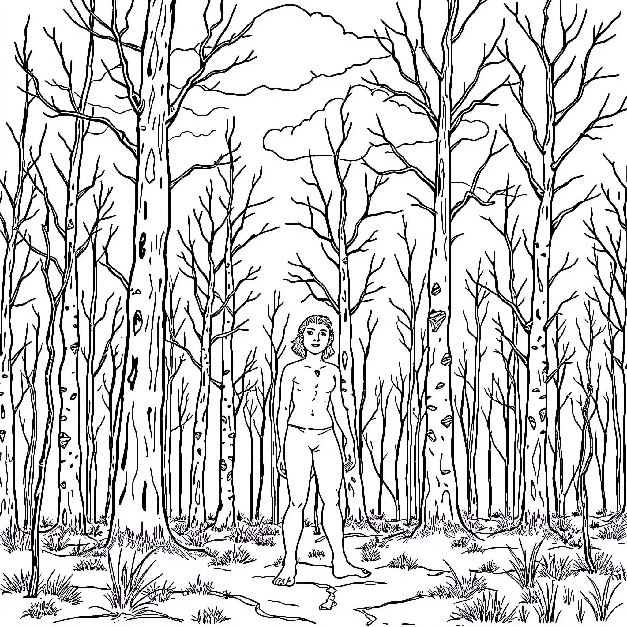 Aloy exploring the mysterious forest landscape Coloring Page (free black-and-white line drawing printable PDF for all, from beginners to advanced learners, including children, teens, adults, and seniors)