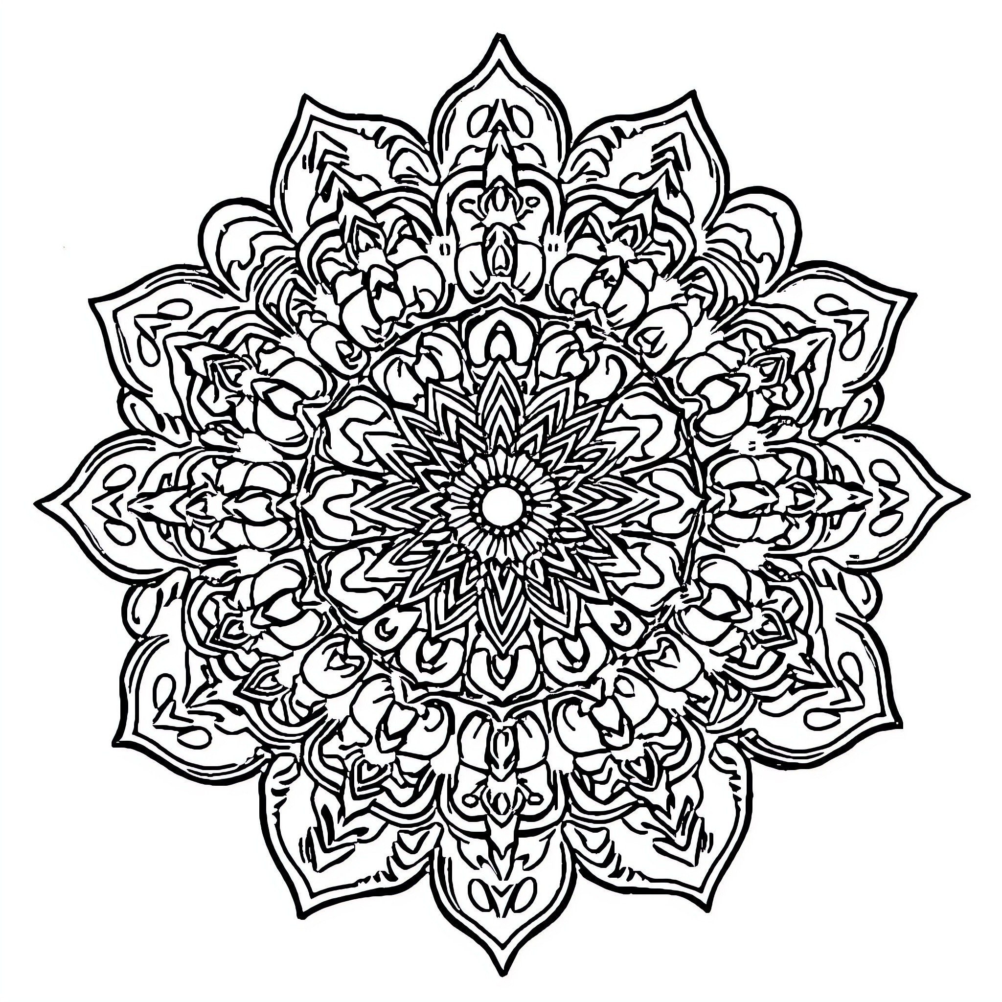 Mandala with intricate floral patterns and symmetrical design Coloring Page (free black-and-white line drawing printable PDF for all, from beginners to advanced learners, including children, teens, adults, and seniors)