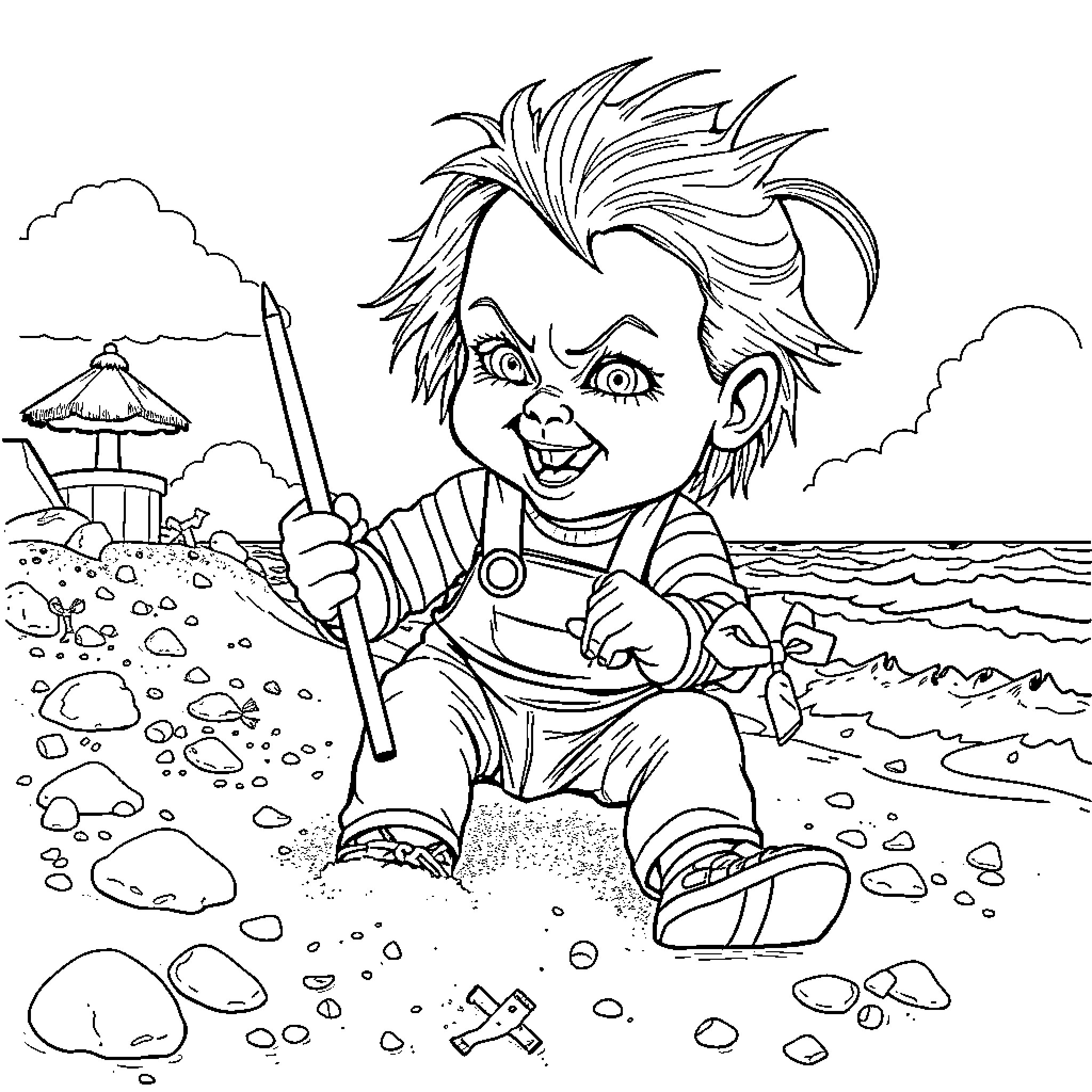 Chucky's Beachside Mischief Coloring Page (free black-and-white line drawing printable PDF for all, from beginners to advanced learners, including children, teens, adults, and seniors)