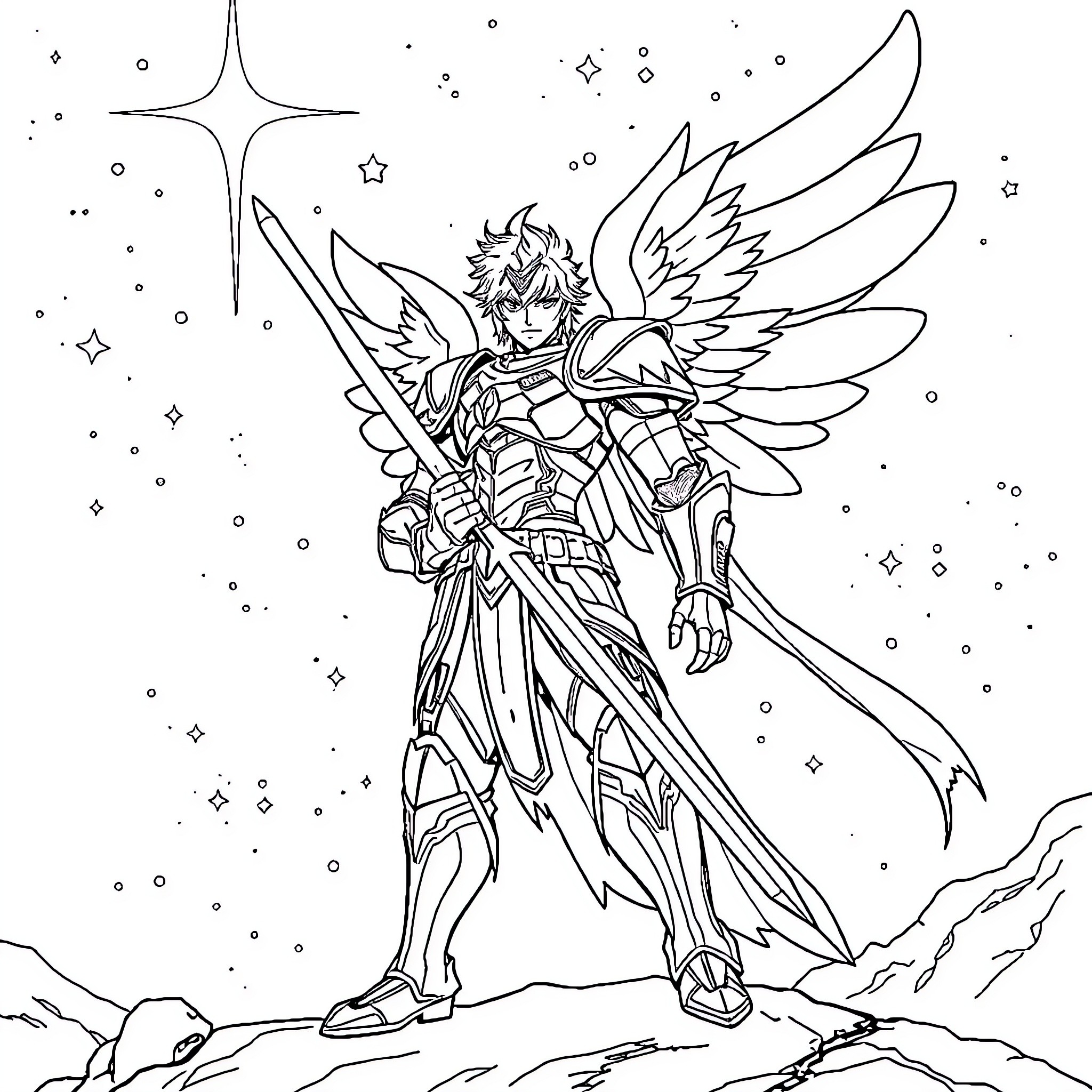 Pegasus warrior knight in shining armor stands in the cosmos Coloring Page (free black-and-white line drawing printable PDF for all, from beginners to advanced learners, including children, teens, adults, and seniors)