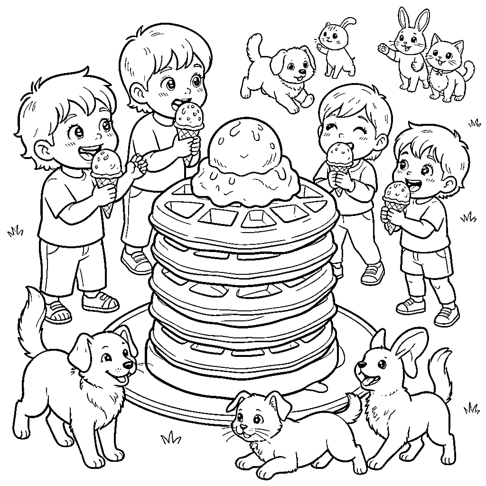 Waffle Party with Children and Pets Coloring Page (free black-and-white line drawing printable PDF for all, from beginners to advanced learners, including children, teens, adults, and seniors)