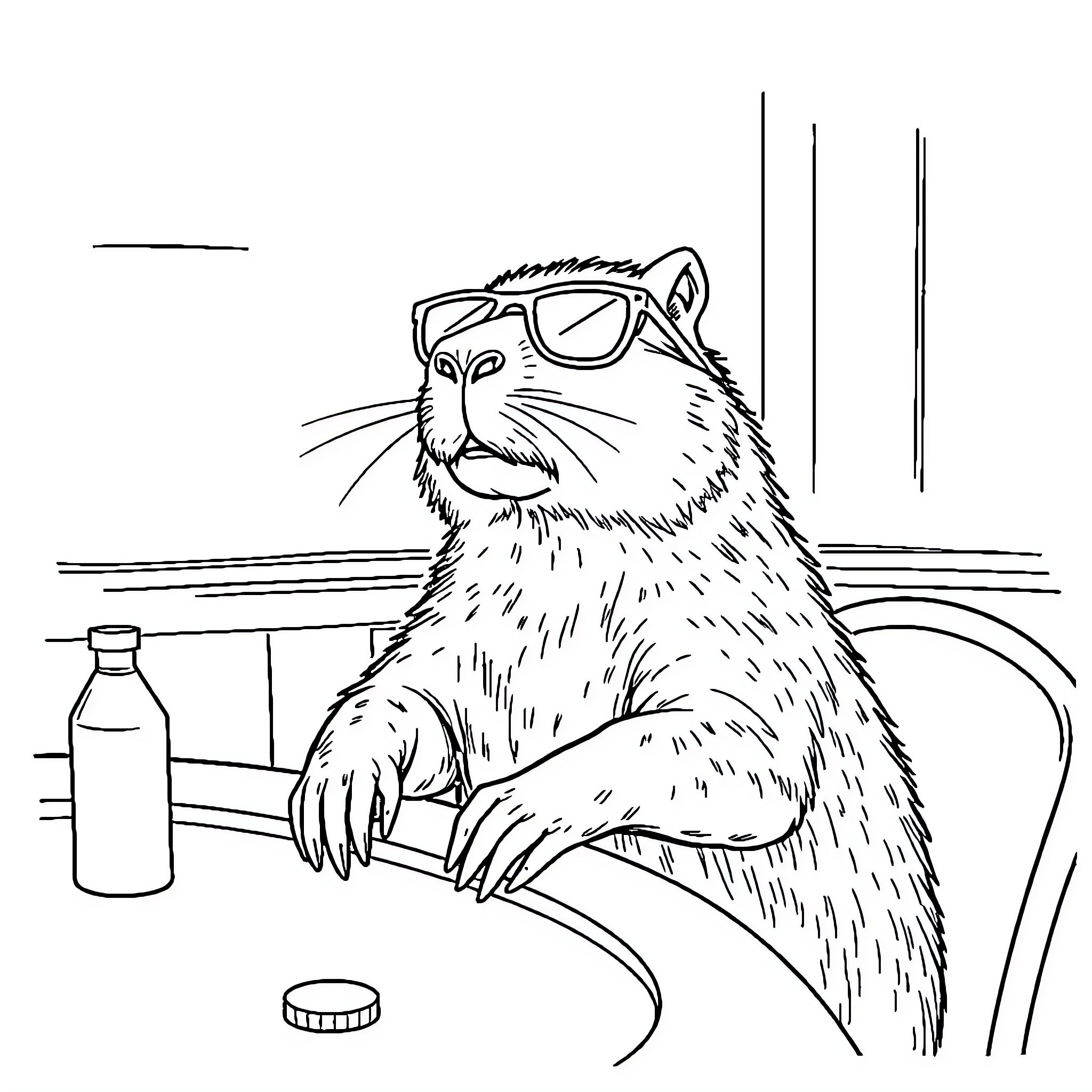 Capybara relaxing at the bar with sunglasses Coloring Page (free black-and-white line drawing printable PDF for all, from beginners to advanced learners, including children, teens, adults, and seniors)