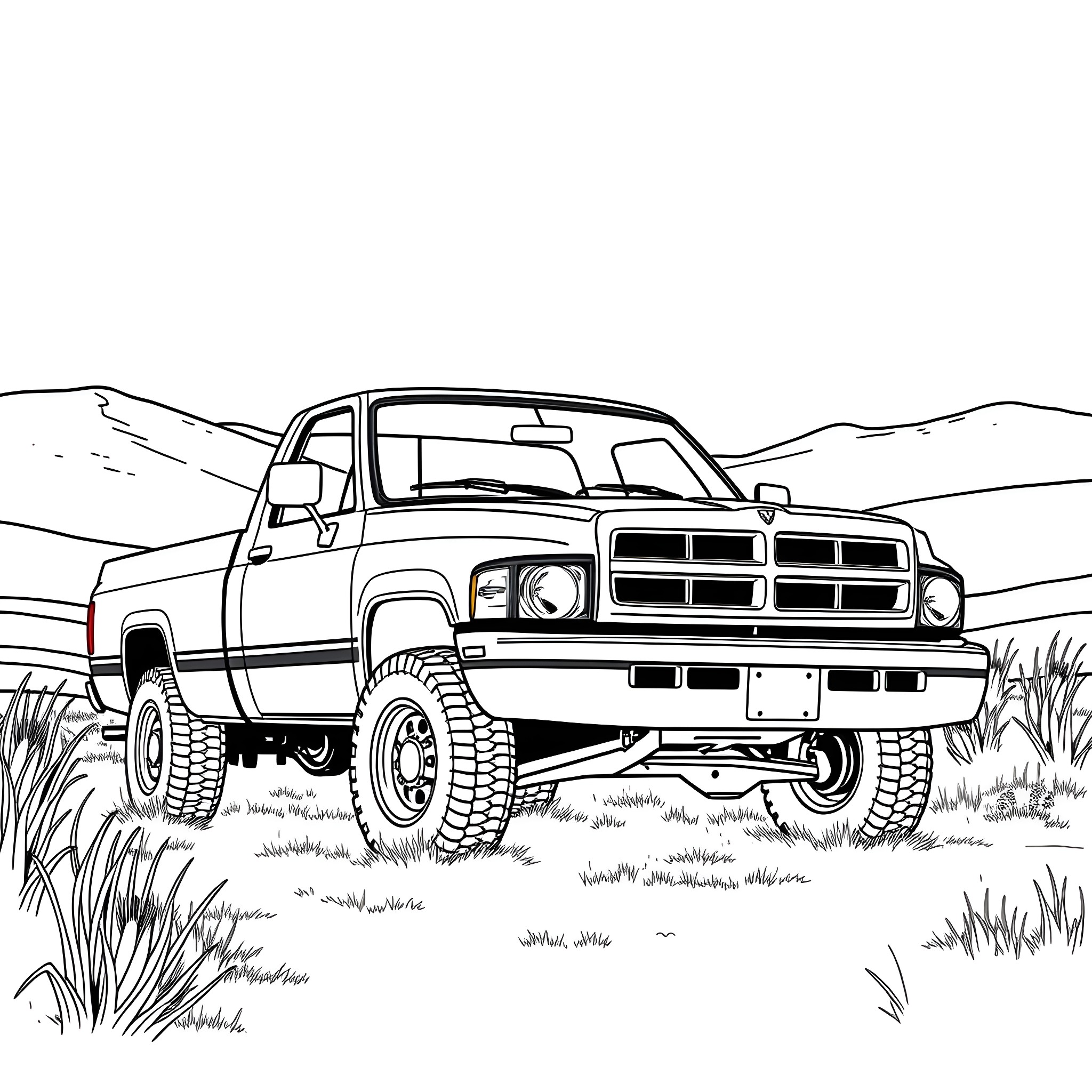 Ram truck in rugged outdoor setting Coloring Page (free black-and-white line drawing printable PDF for all, from beginners to advanced learners, including children, teens, adults, and seniors)