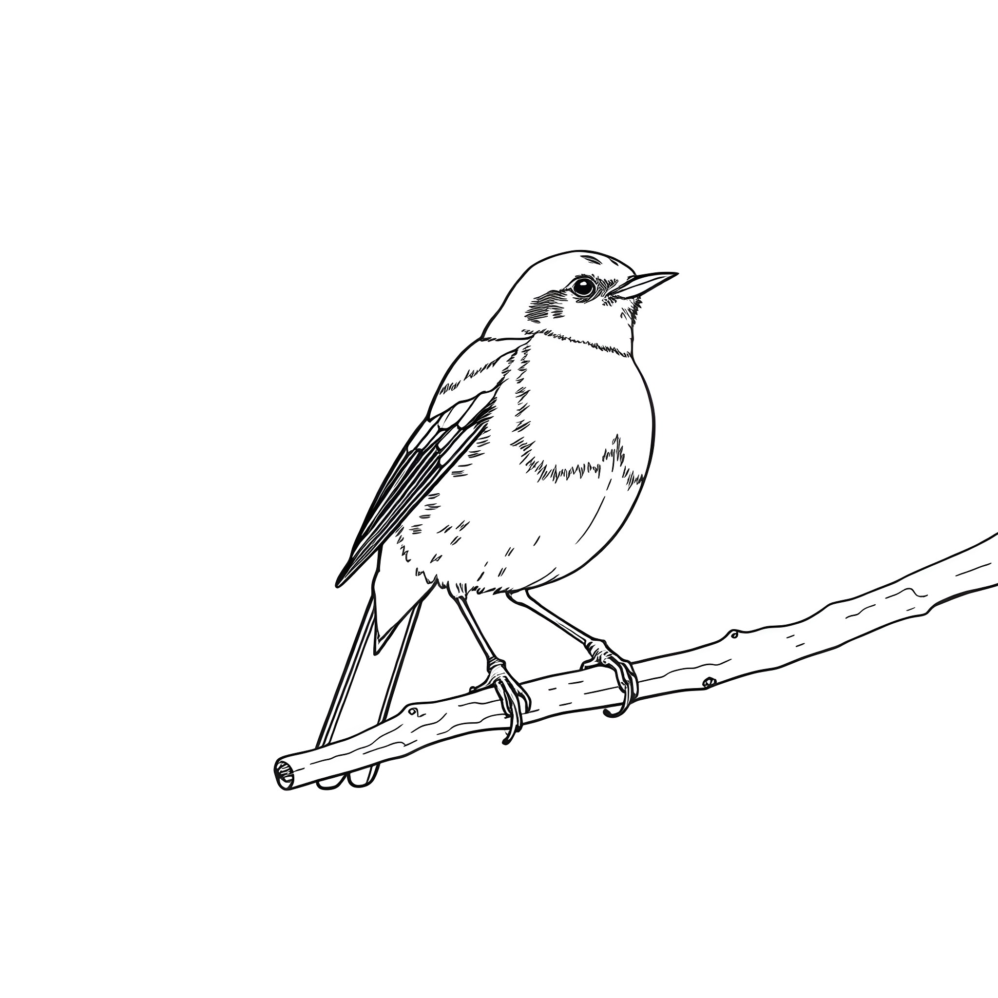 American Robin resting on a branch Coloring Page (free black-and-white line drawing printable PDF for all, from beginners to advanced learners, including children, teens, adults, and seniors)