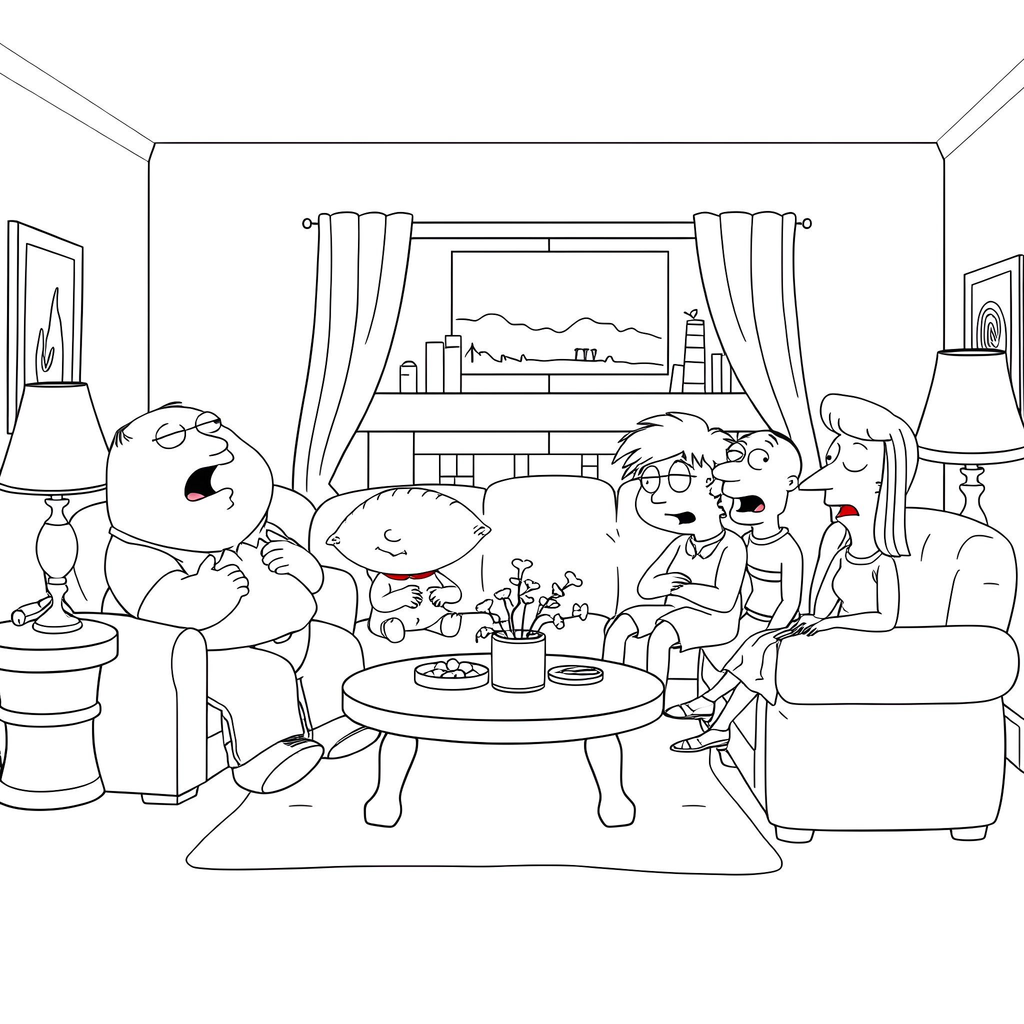 Family Guy characters relaxing in living room Coloring Page (free black-and-white line drawing printable PDF for all, from beginners to advanced learners, including children, teens, adults, and seniors)