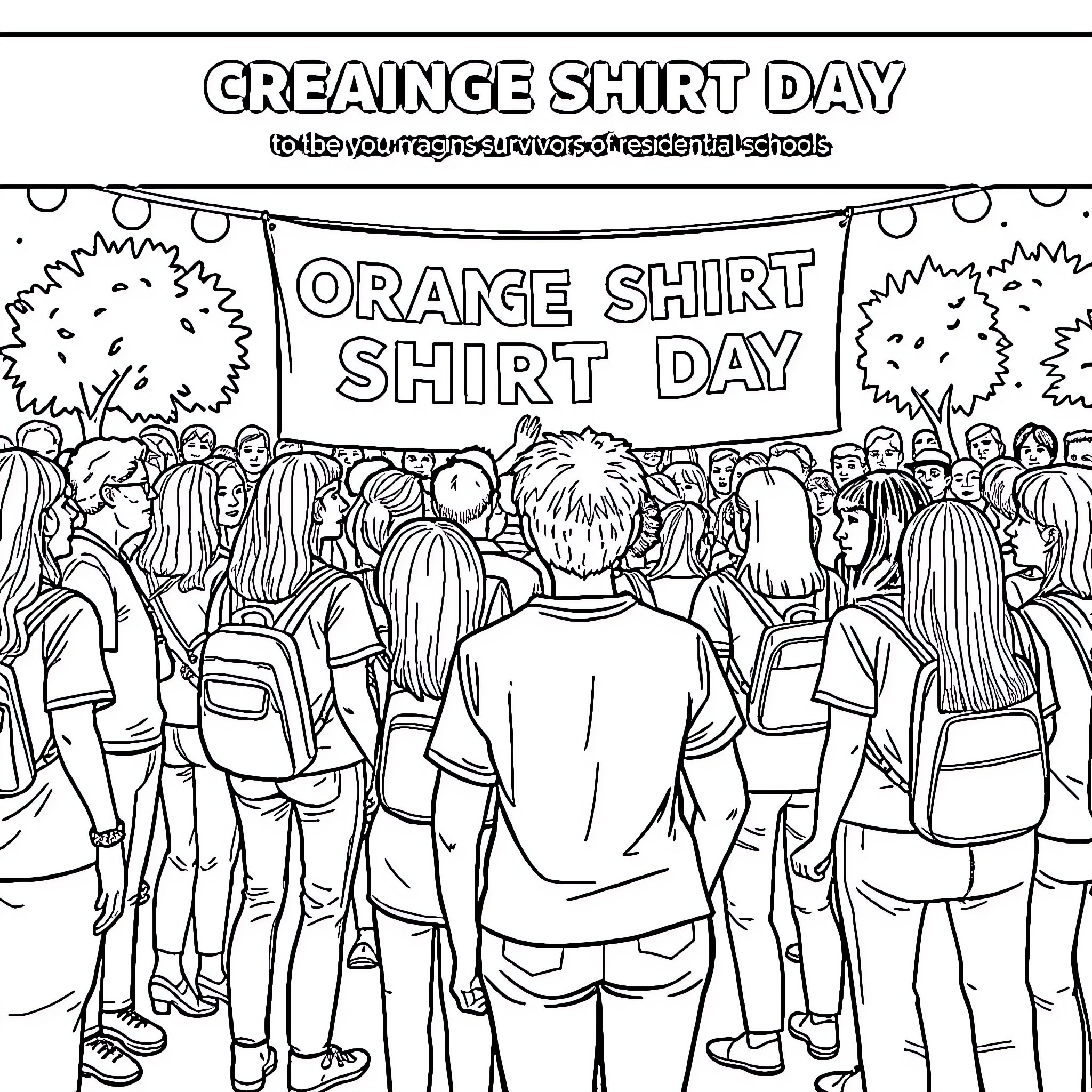 Orange Shirt Shirt Day celebration at school Coloring Page (free black-and-white line drawing printable PDF for all, from beginners to advanced learners, including children, teens, adults, and seniors)