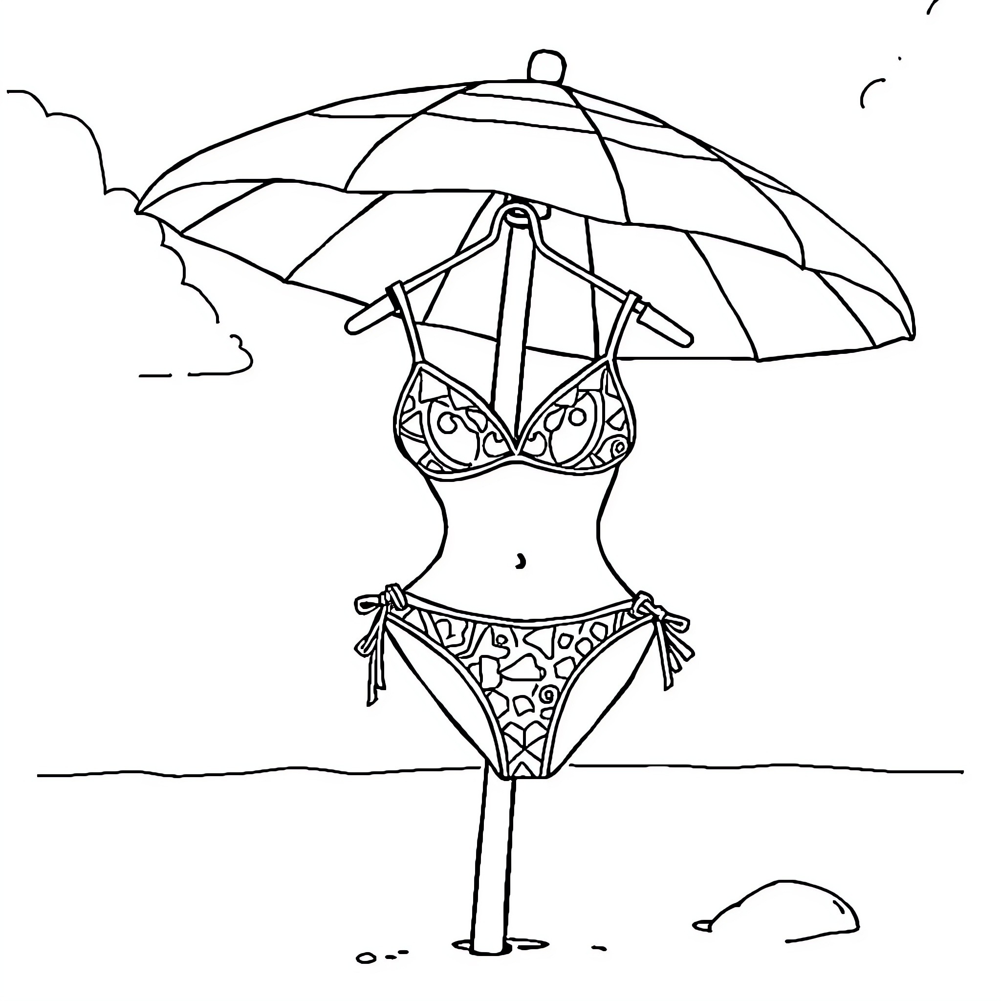 Bikini-clad figure enjoying the beach under an umbrella Coloring Page (free black-and-white line drawing printable PDF for all, from beginners to advanced learners, including children, teens, adults, and seniors)