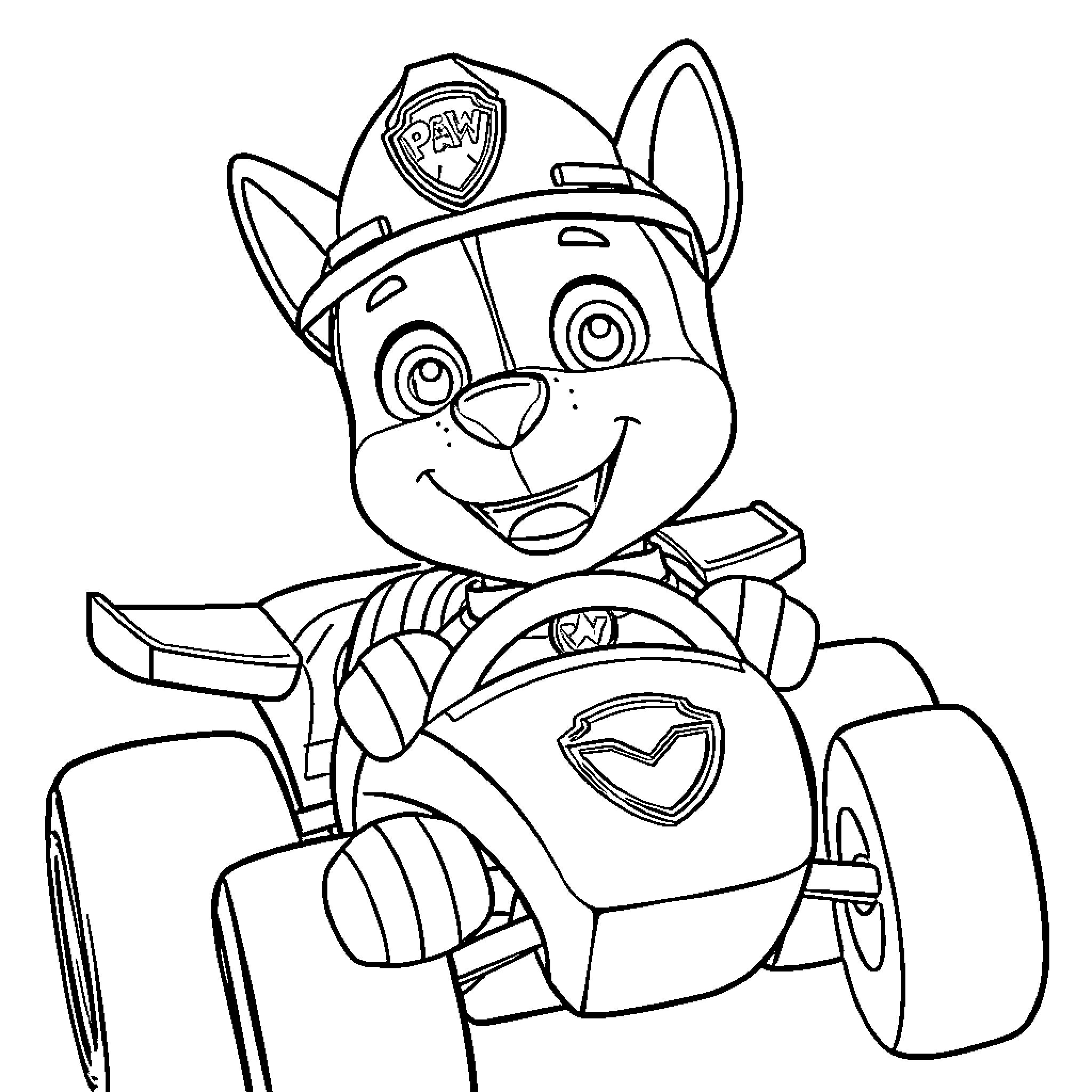 Rubble the Paw Patrol Puppy on His Rescue Vehicle Coloring Page (free black-and-white line drawing printable PDF for all, from beginners to advanced learners, including children, teens, adults, and seniors)