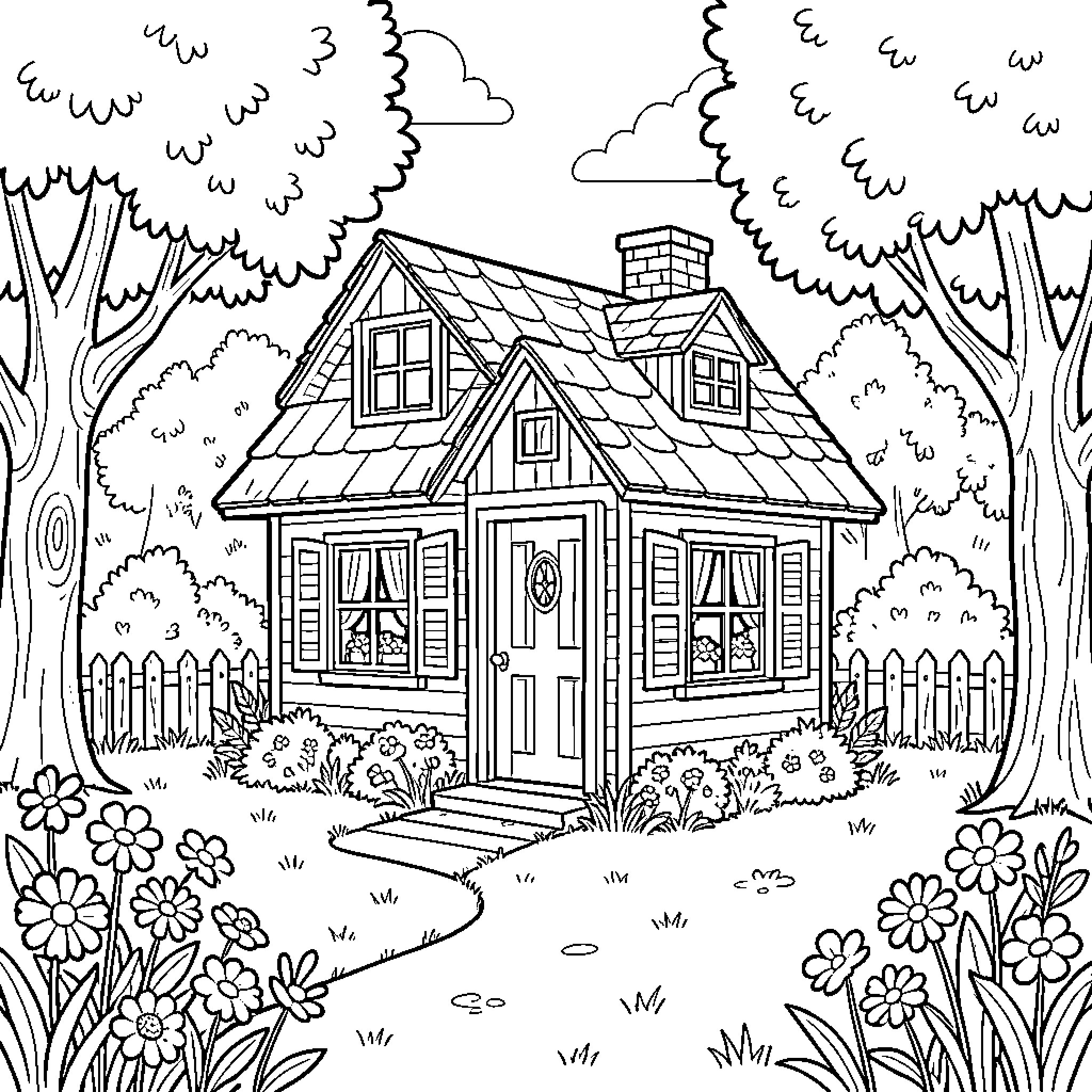 Cottage nestled among lush trees and blooming flowers Coloring Page (free black-and-white line drawing printable PDF for all, from beginners to advanced learners, including children, teens, adults, and seniors)