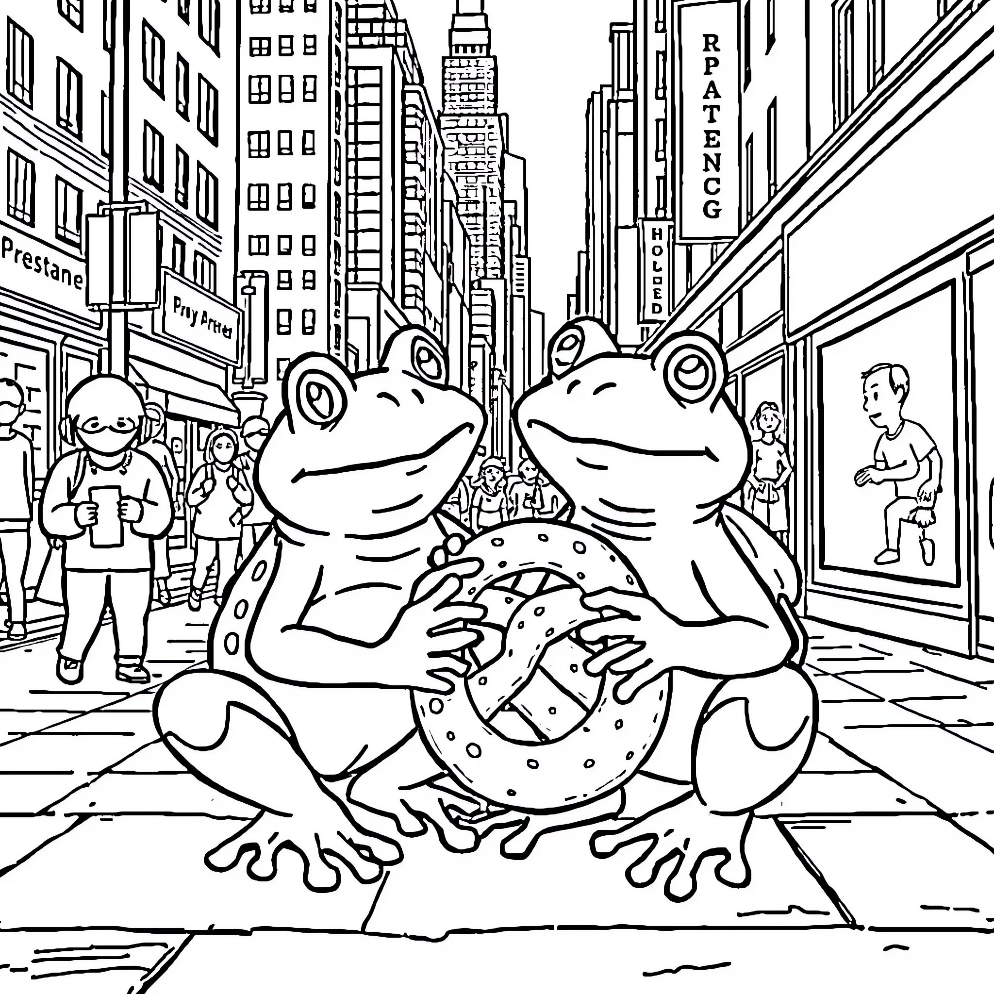 Frog Friends Explore the City Sidewalk Coloring Page (free black-and-white line drawing printable PDF for all, from beginners to advanced learners, including children, teens, adults, and seniors)