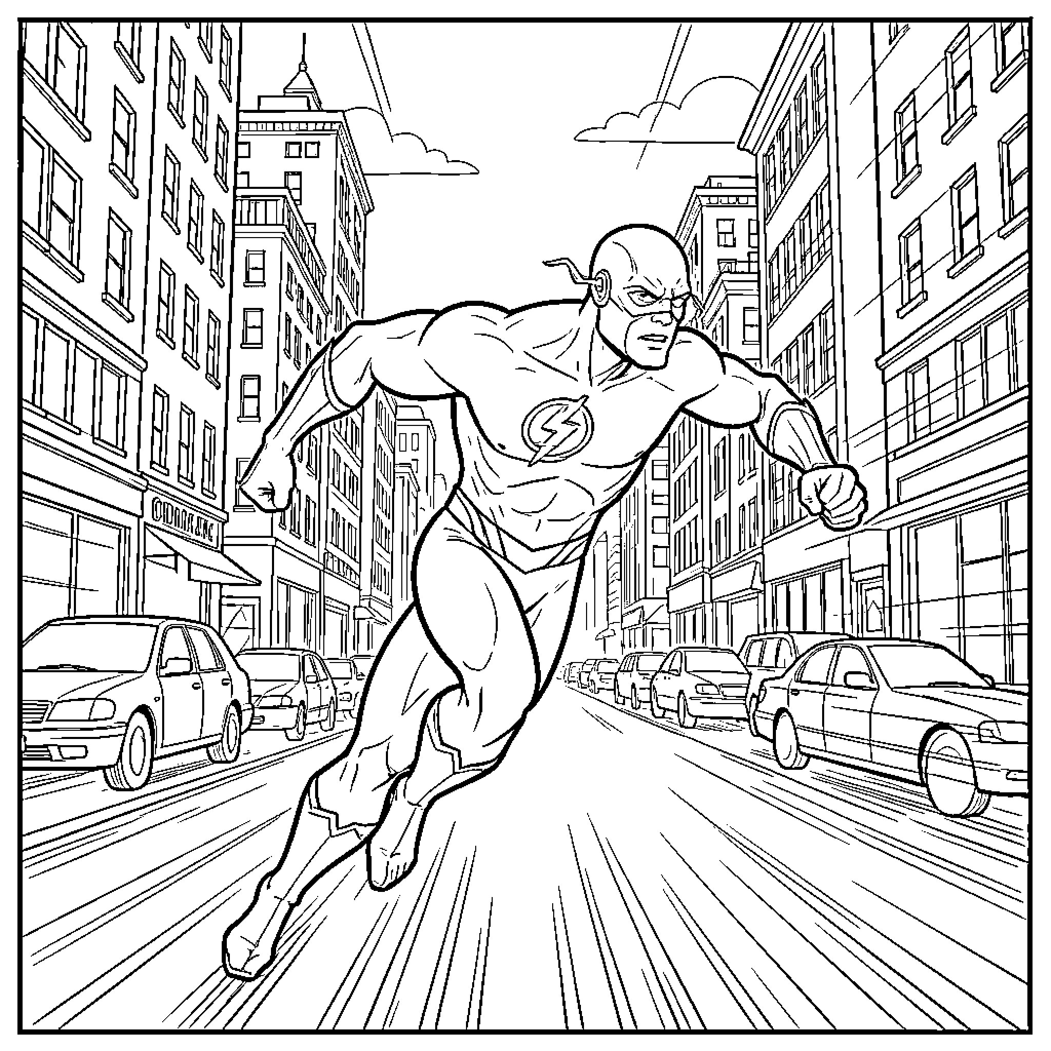 Flash running at high speed through a city street Coloring Page (free black-and-white line drawing printable PDF for all, from beginners to advanced learners, including children, teens, adults, and seniors)