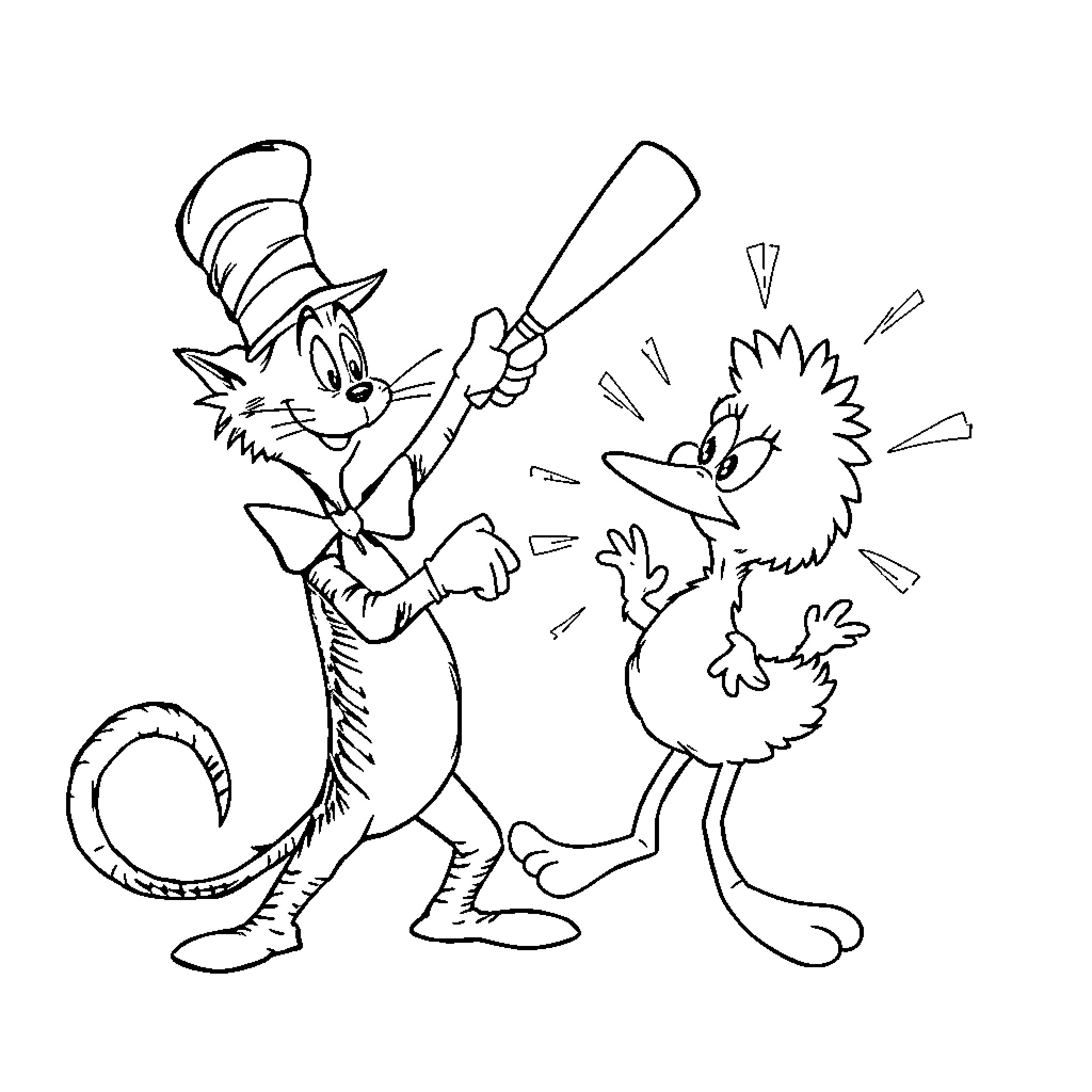 Cat in the Hat Chasing a Frightened Bird Coloring Page (free black-and-white line drawing printable PDF for all, from beginners to advanced learners, including children, teens, adults, and seniors)