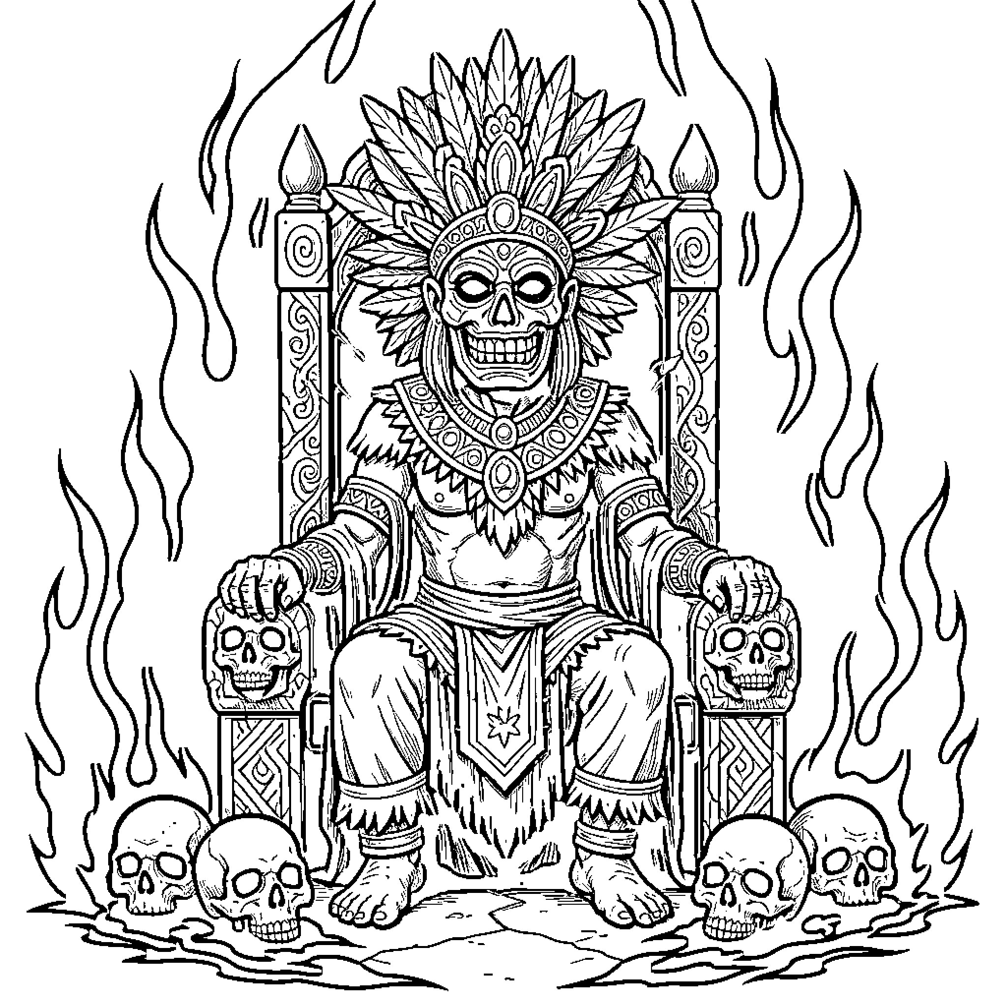 Mictlantecutli sitting on a throne surrounded by skulls Coloring Page (free black-and-white line drawing printable PDF for all, from beginners to advanced learners, including children, teens, adults, and seniors)