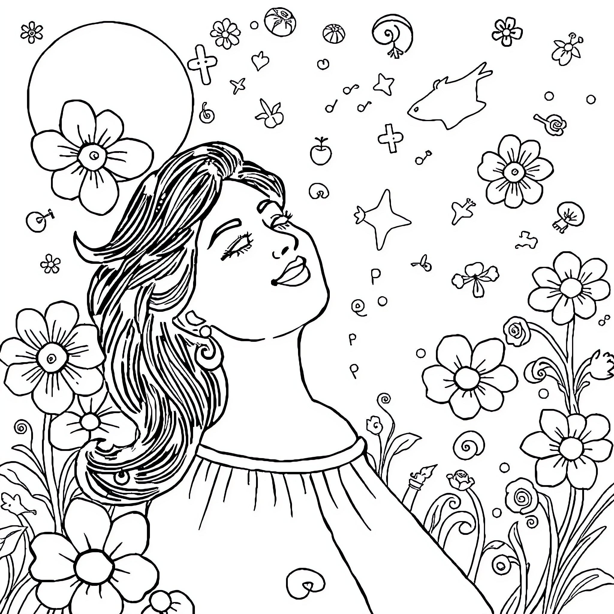 Tralala Whimsical Dreamer's Flower Garden Coloring Page (free black-and-white line drawing printable PDF for all, from beginners to advanced learners, including children, teens, adults, and seniors)