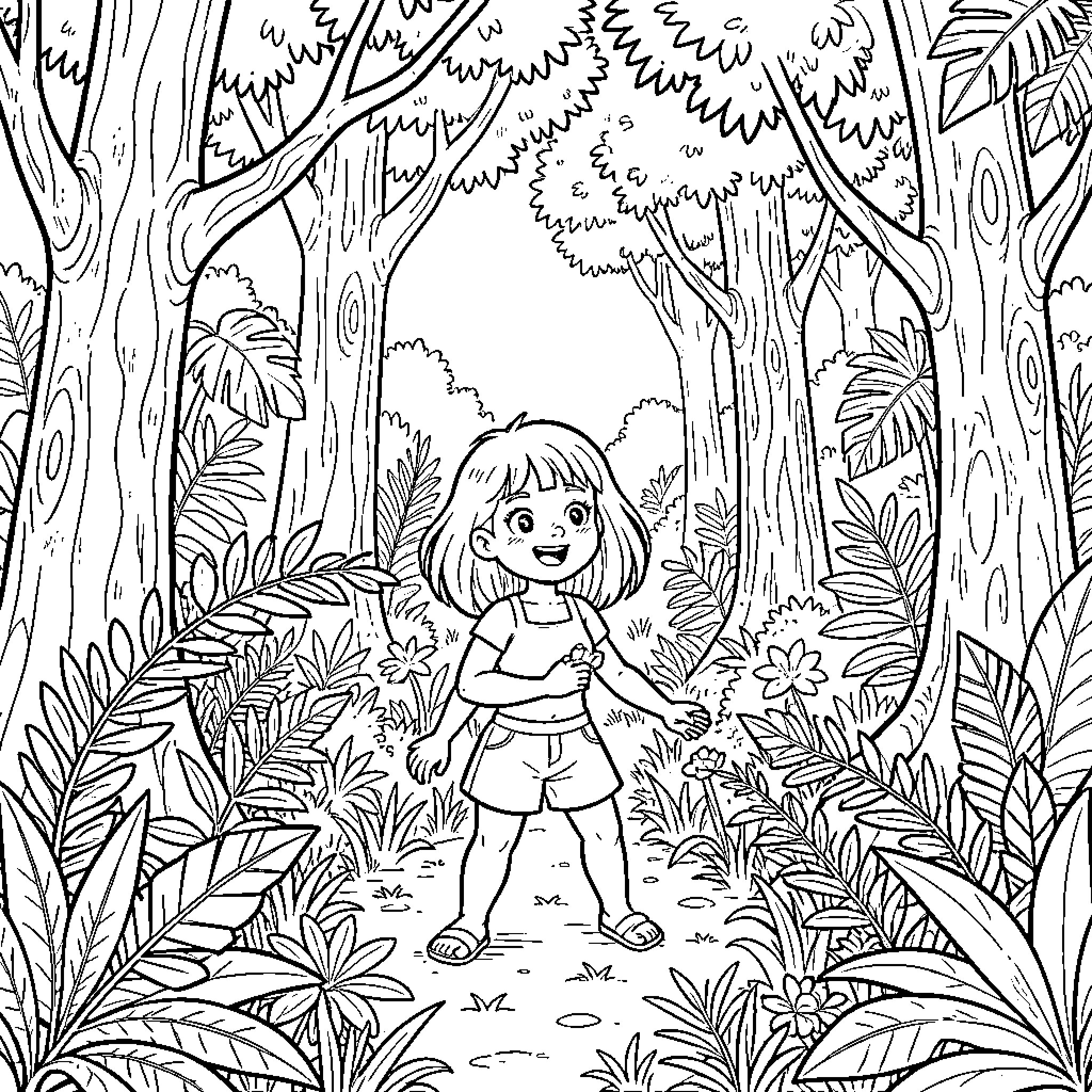 Powerpuff Girls walking through a dense jungle forest Coloring Page (free black-and-white line drawing printable PDF for all, from beginners to advanced learners, including children, teens, adults, and seniors)