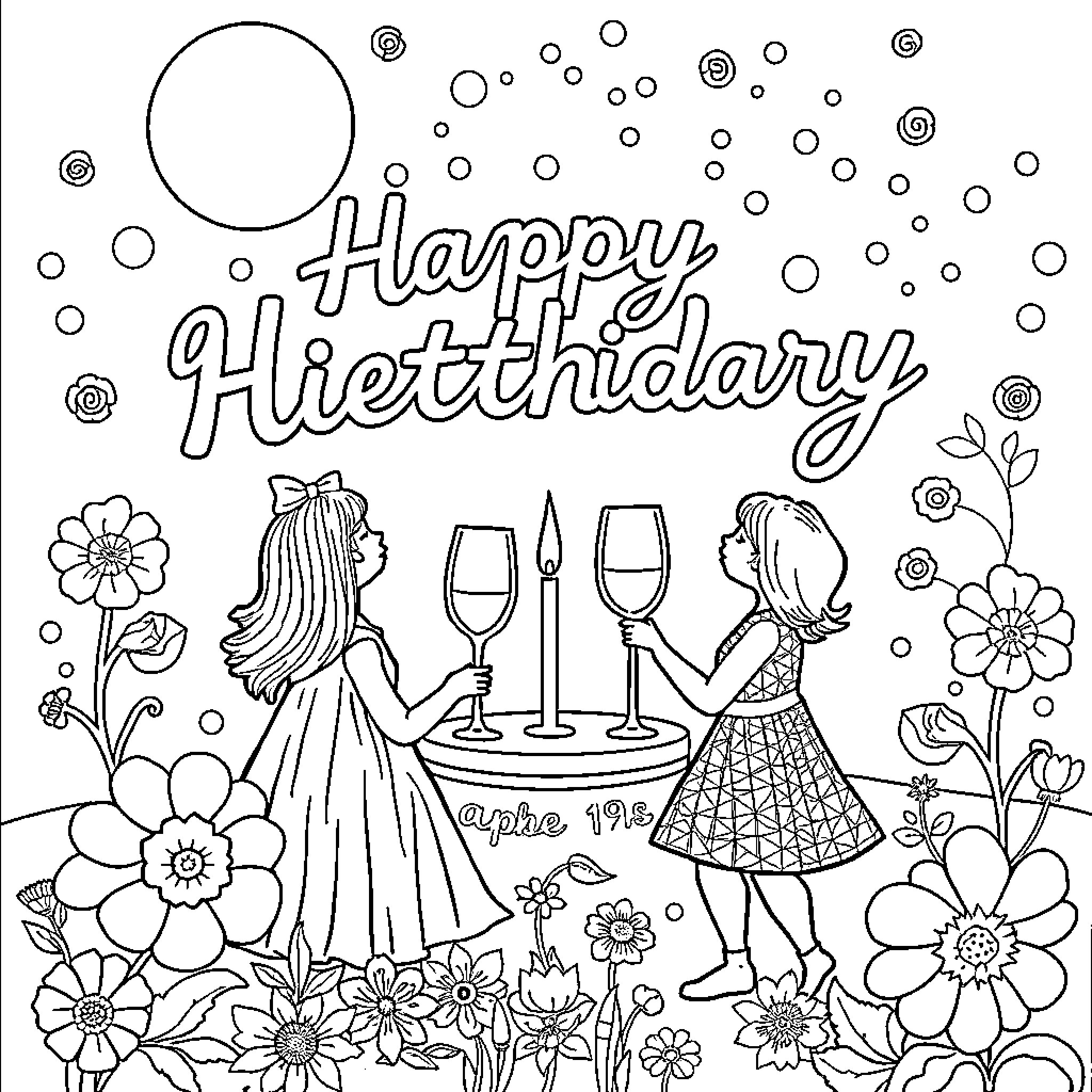 Birthday celebration with festive decor and friends Coloring Page (free black-and-white line drawing printable PDF for all, from beginners to advanced learners, including children, teens, adults, and seniors)