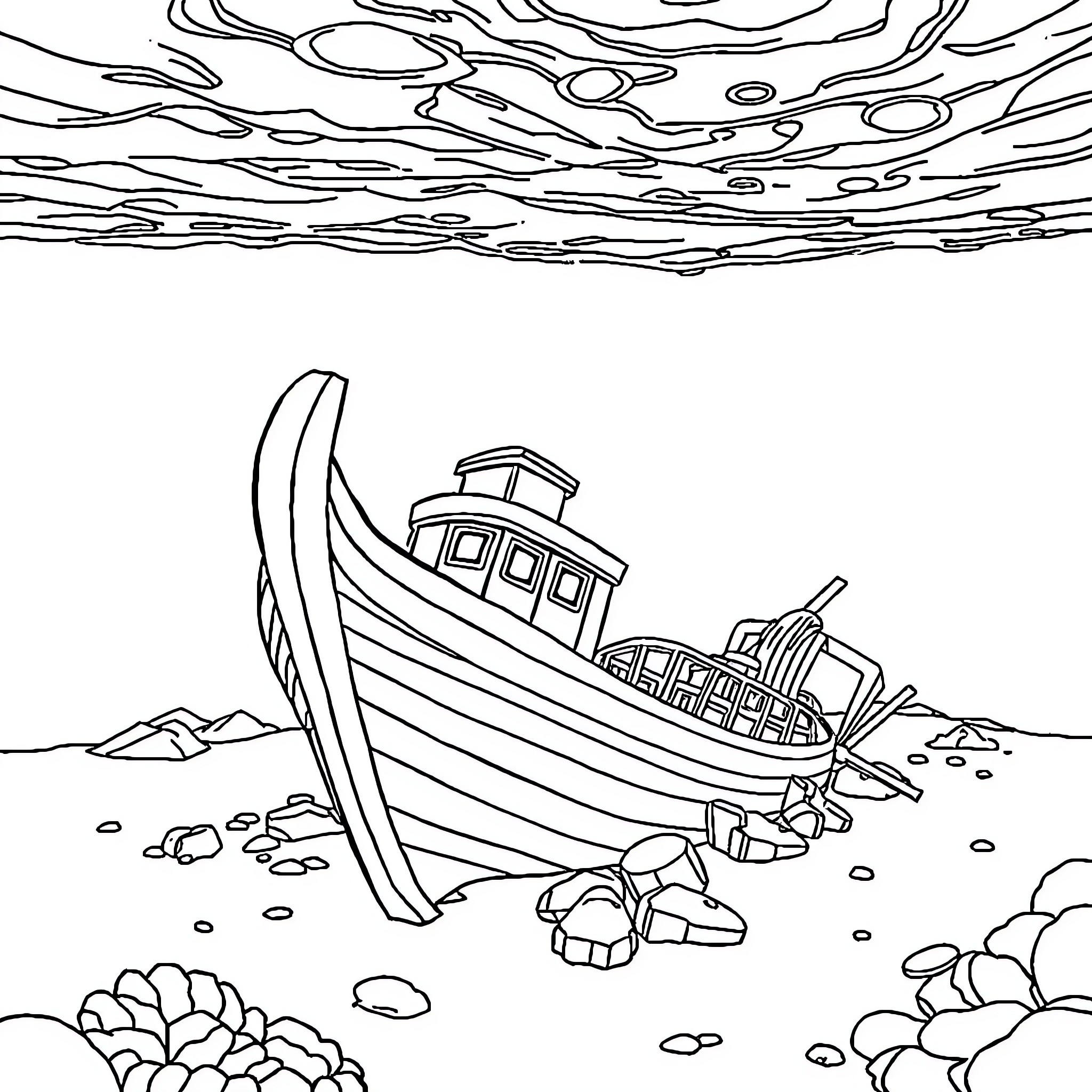 Wrack of a Fishing Vessel on the Rocks Coloring Page (free black-and-white line drawing printable PDF for all, from beginners to advanced learners, including children, teens, adults, and seniors)