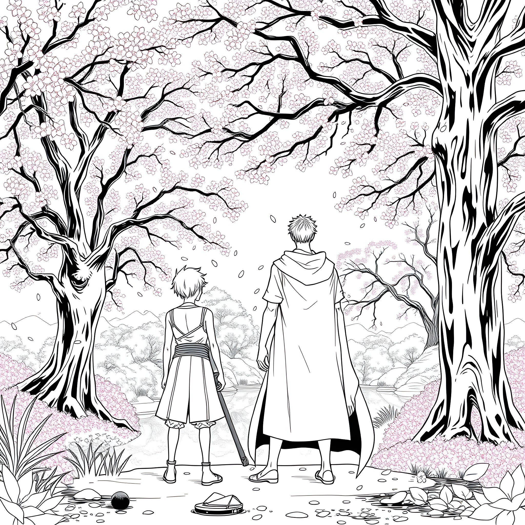 Zoro's tranquil journey through the enchanted forest Coloring Page (free black-and-white line drawing printable PDF for all, from beginners to advanced learners, including children, teens, adults, and seniors)