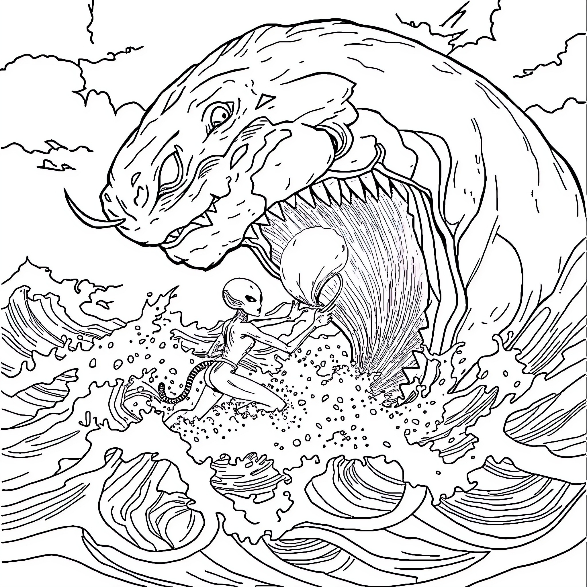 Alien creature emerging from the sea Coloring Page (free black-and-white line drawing printable PDF for all, from beginners to advanced learners, including children, teens, adults, and seniors)