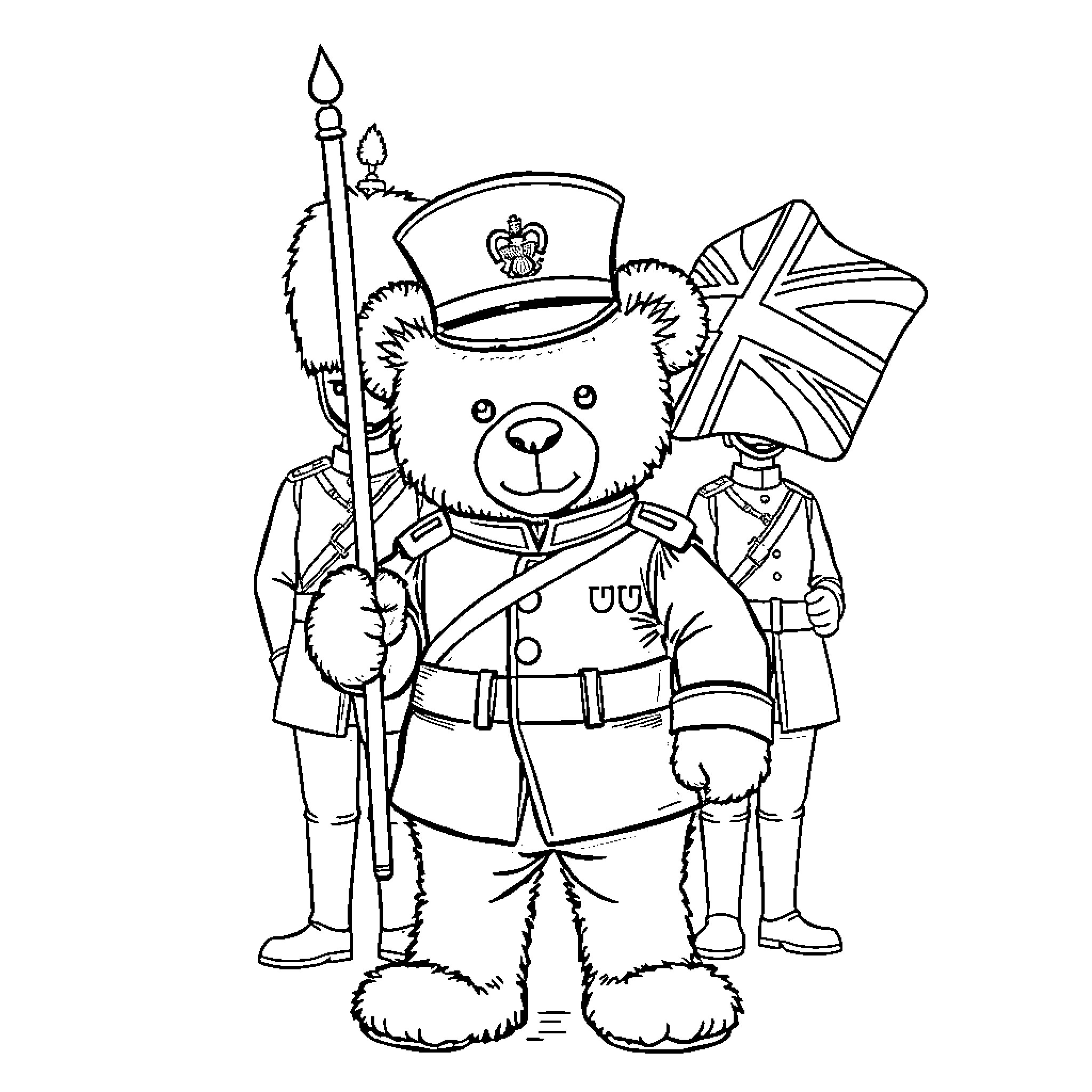Teddy Bear in Uniform Holding British Flag Coloring Page (free black-and-white line drawing printable PDF for all, from beginners to advanced learners, including children, teens, adults, and seniors)
