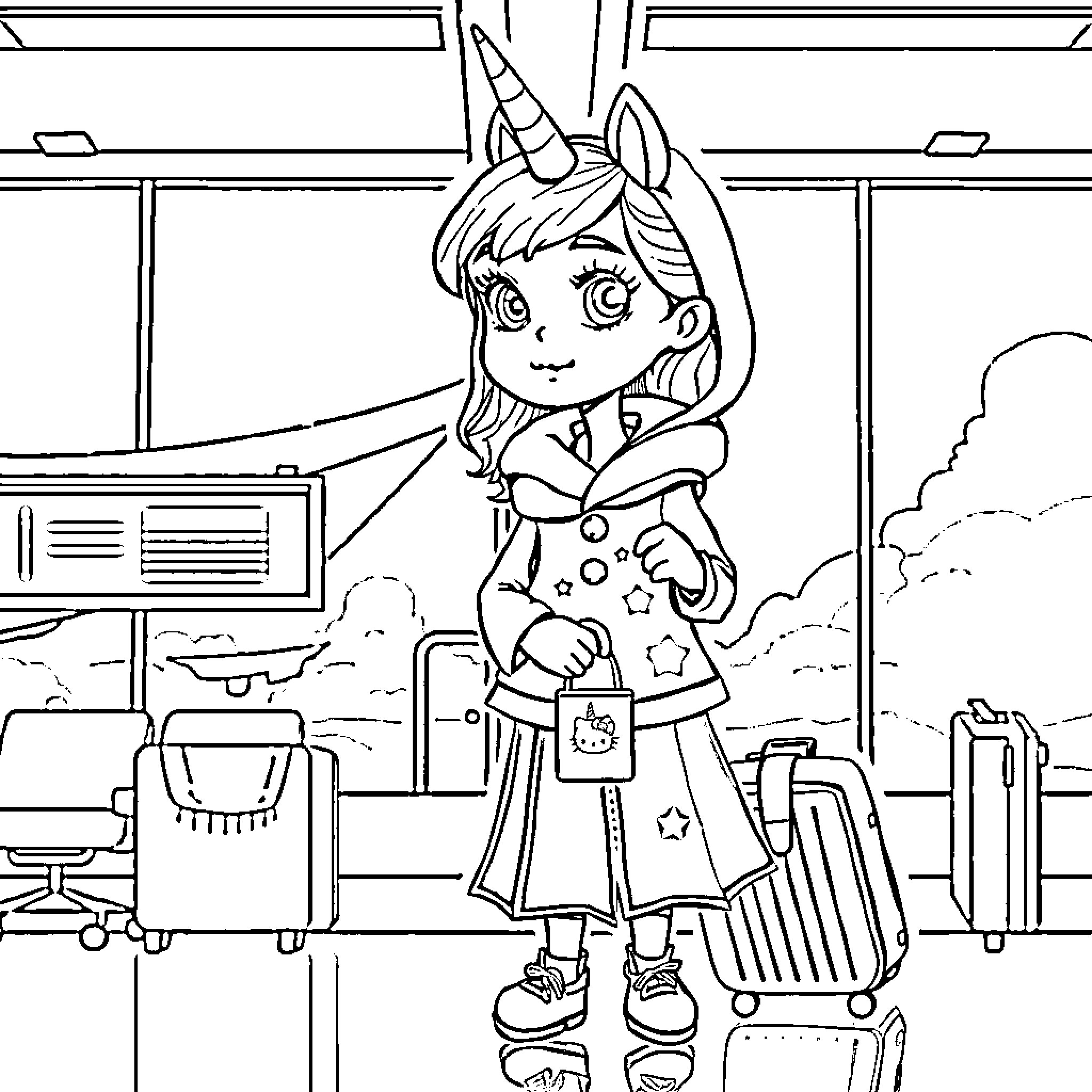 Girl in unicorn costume waiting at the airport Coloring Page (free black-and-white line drawing printable PDF for all, from beginners to advanced learners, including children, teens, adults, and seniors)