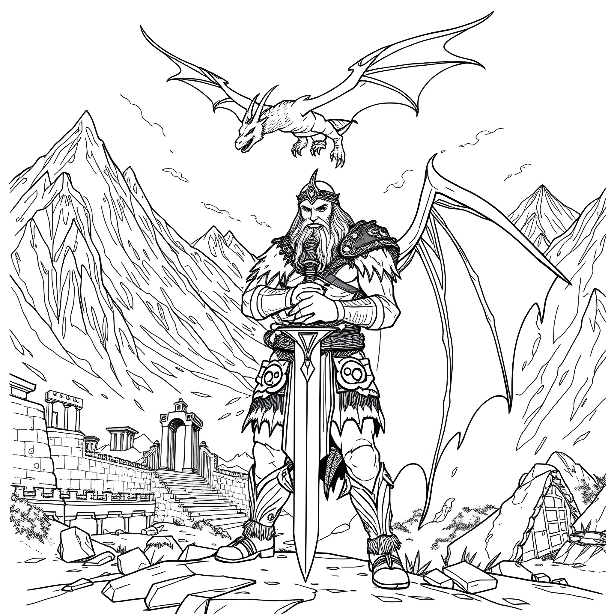 Dovahkiin, the Dragon-Born Hero in the Realm of Skyrim Coloring Page (free black-and-white line drawing printable PDF for all, from beginners to advanced learners, including children, teens, adults, and seniors)