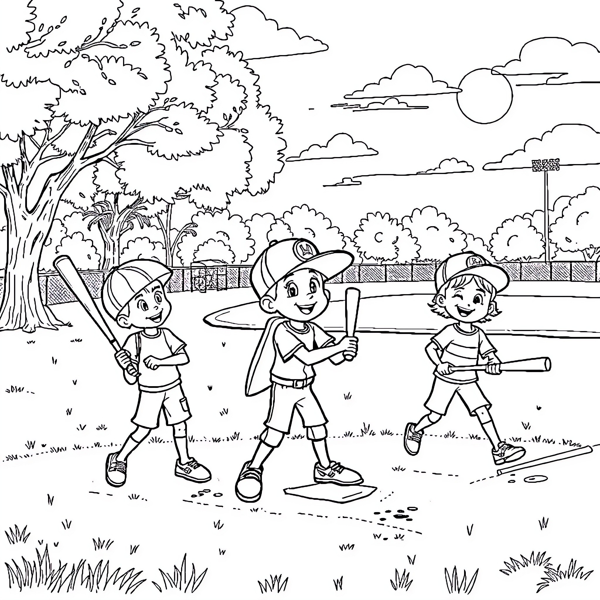Rocket Power Kids Playing Baseball in the Park Coloring Page (free black-and-white line drawing printable PDF for all, from beginners to advanced learners, including children, teens, adults, and seniors)