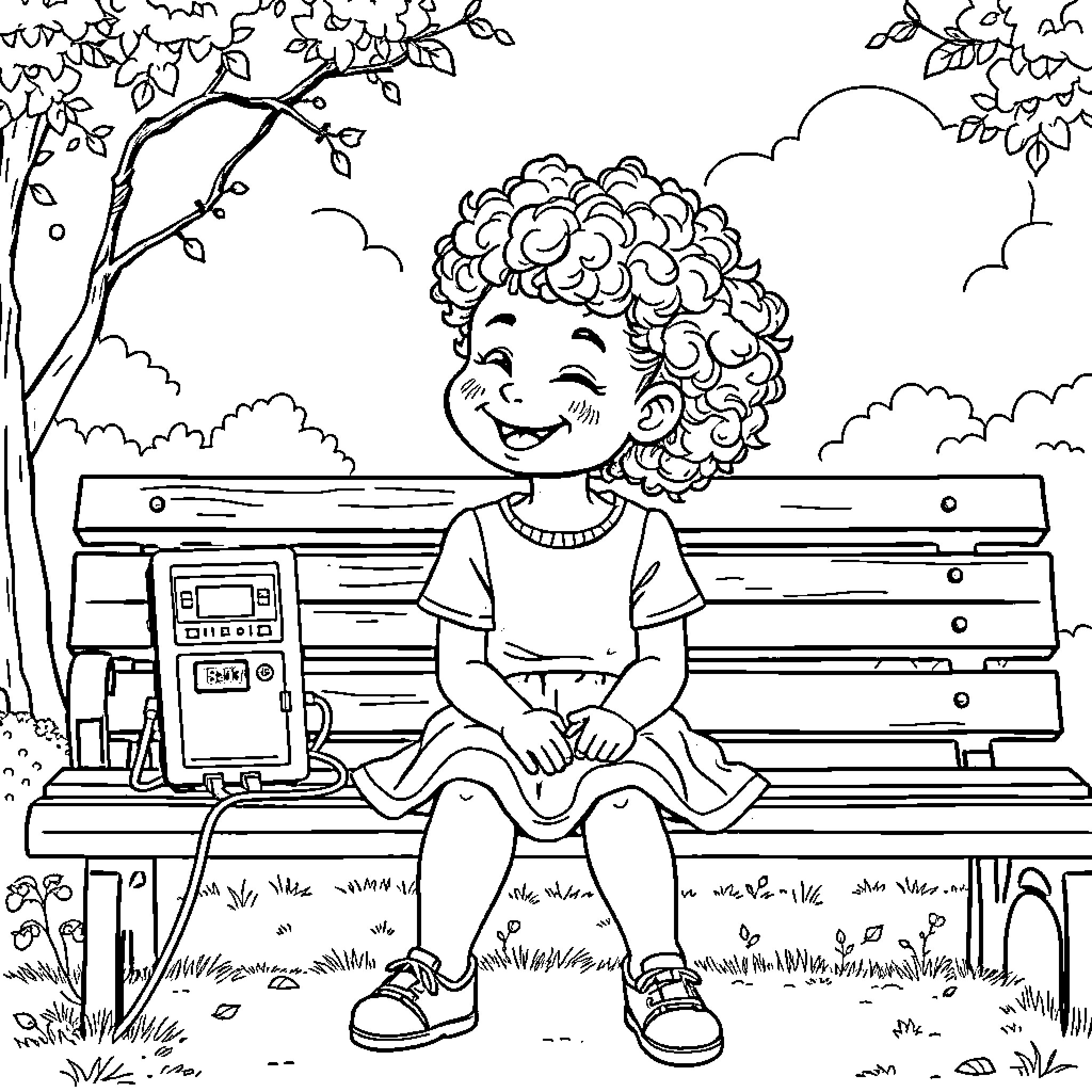 Girl happily sitting on a bench outdoors Coloring Page (free black-and-white line drawing printable PDF for all, from beginners to advanced learners, including children, teens, adults, and seniors)