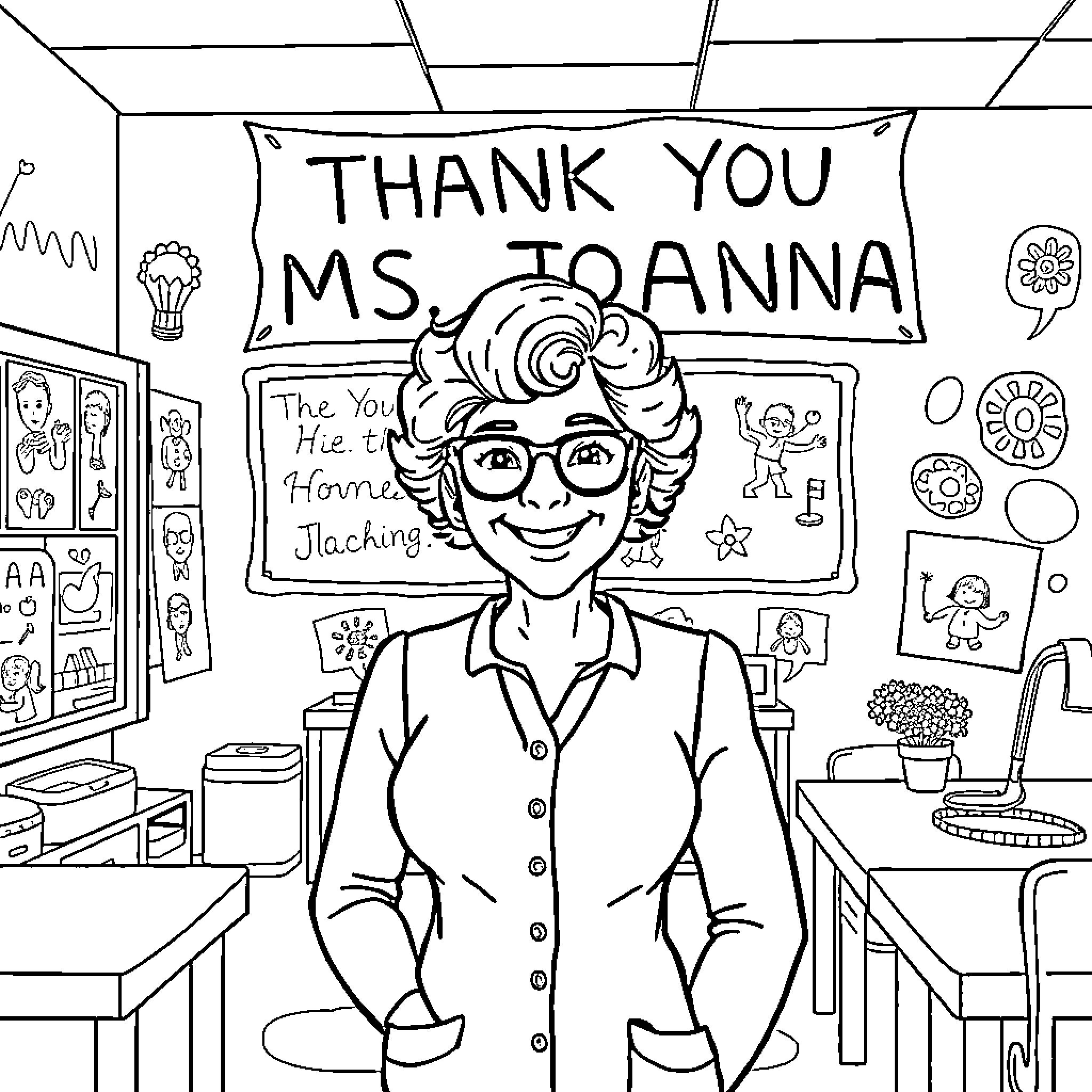 Teacher smiling and receiving gratitude in classroom Coloring Page (free black-and-white line drawing printable PDF for all, from beginners to advanced learners, including children, teens, adults, and seniors)