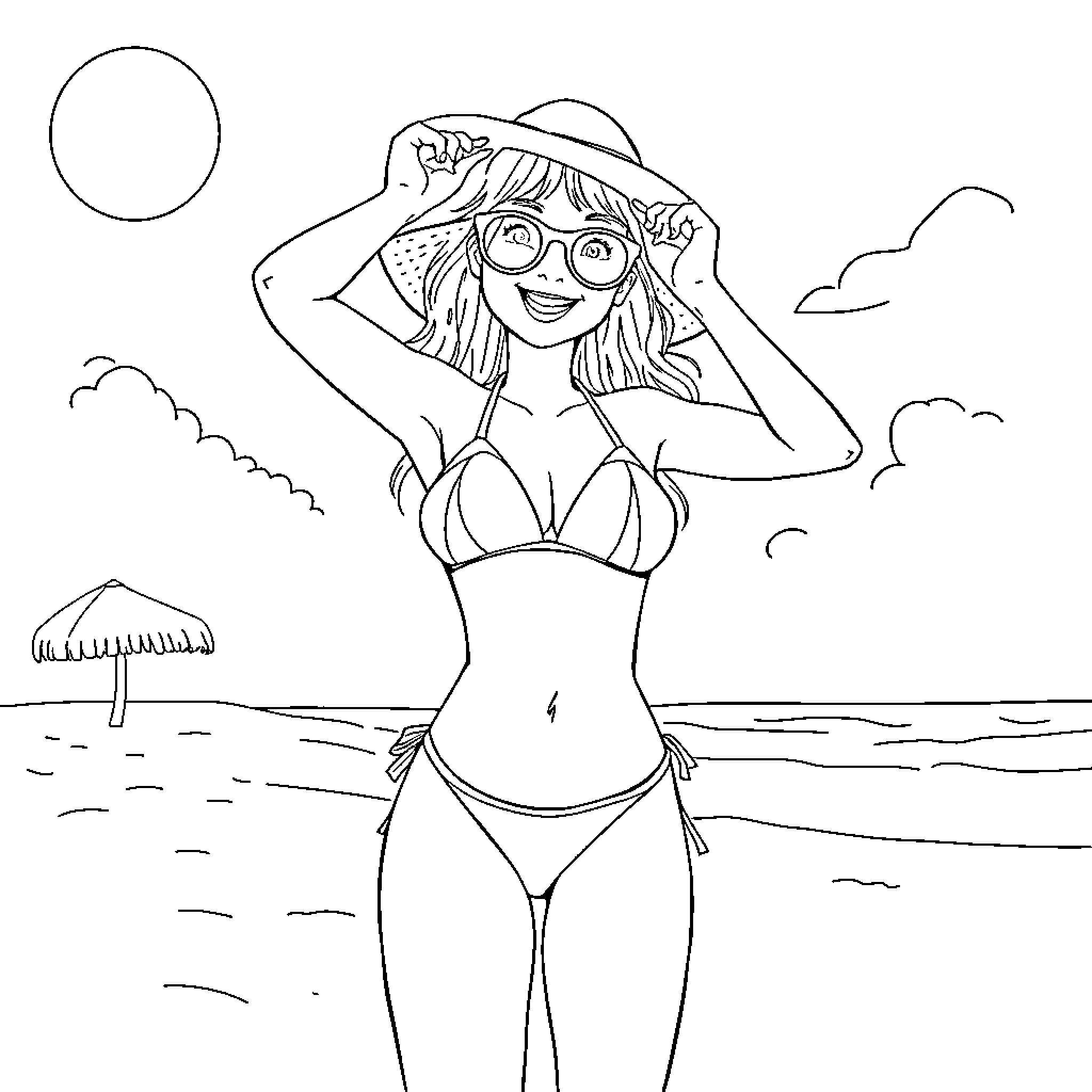 Bikini Girl enjoying a sunny beach day Coloring Page (free black-and-white line drawing printable PDF for all, from beginners to advanced learners, including children, teens, adults, and seniors)