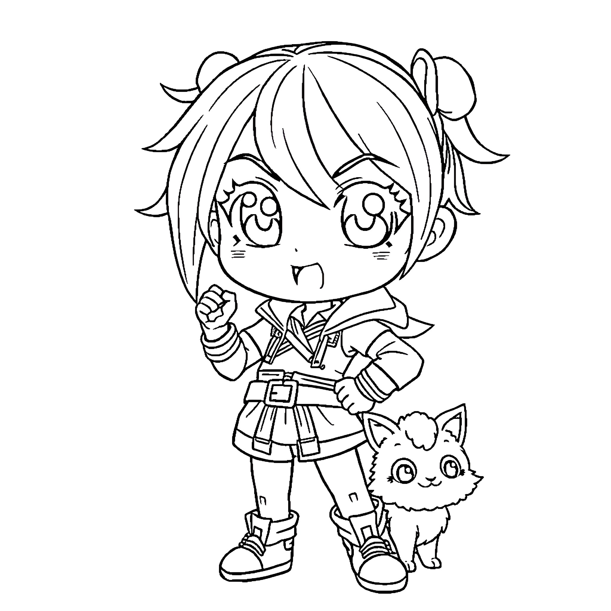 Anime Girl in Adventure Outfit with Cute Pet Coloring Page (free black-and-white line drawing printable PDF for all, from beginners to advanced learners, including children, teens, adults, and seniors)