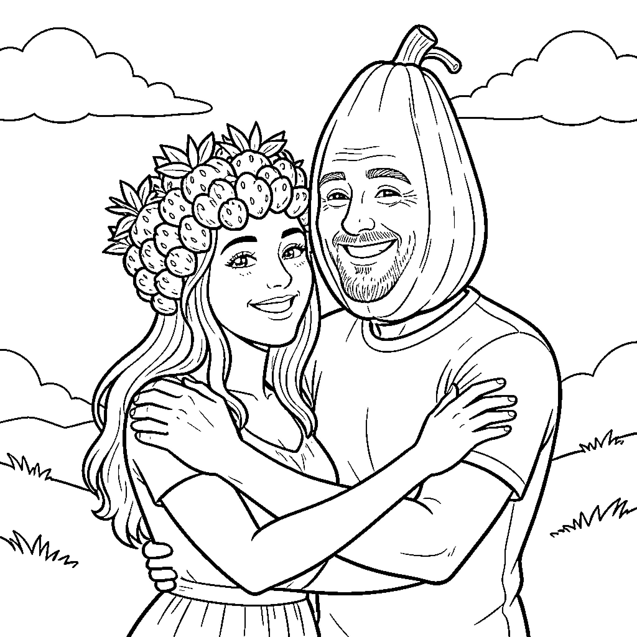Mujer y hombre abrazándose en campo de flores Coloring Page (free black-and-white line drawing printable PDF for all, from beginners to advanced learners, including children, teens, adults, and seniors)
