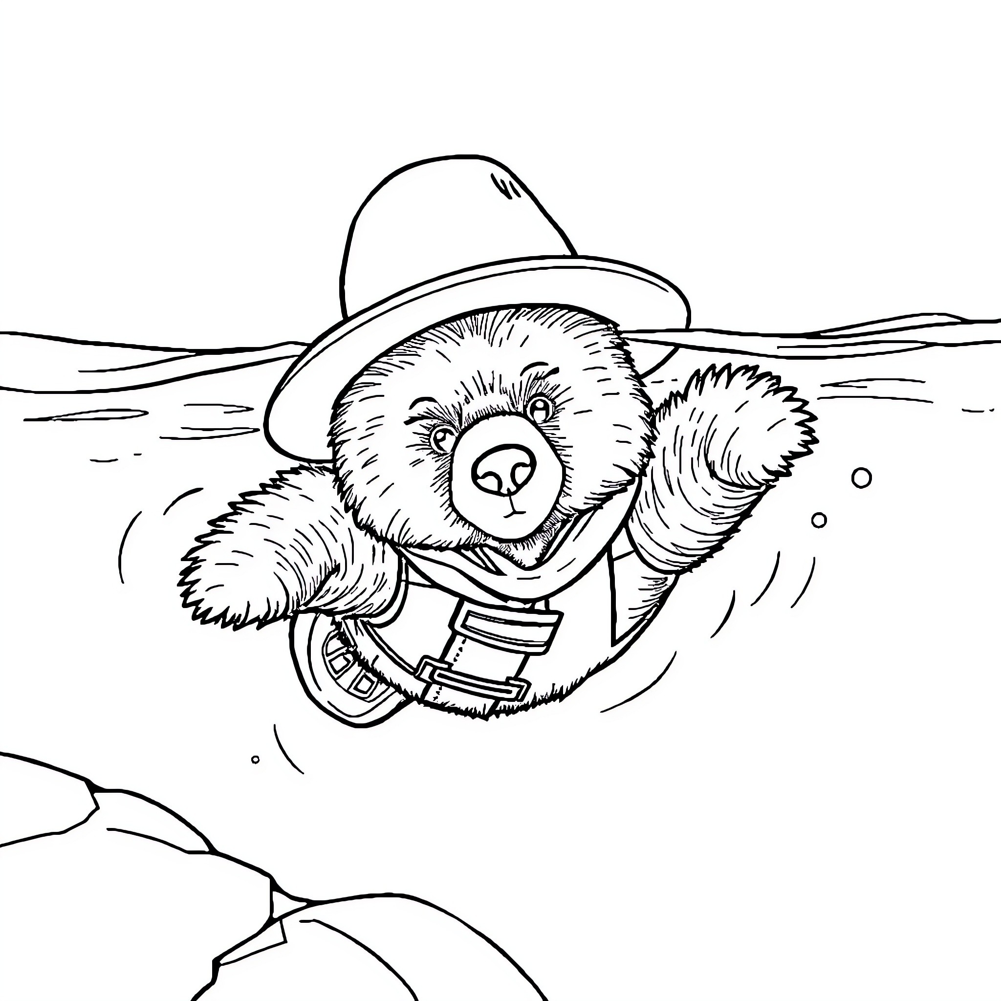 Paddington Bear exploring a wintry landscape Coloring Page (free black-and-white line drawing printable PDF for all, from beginners to advanced learners, including children, teens, adults, and seniors)