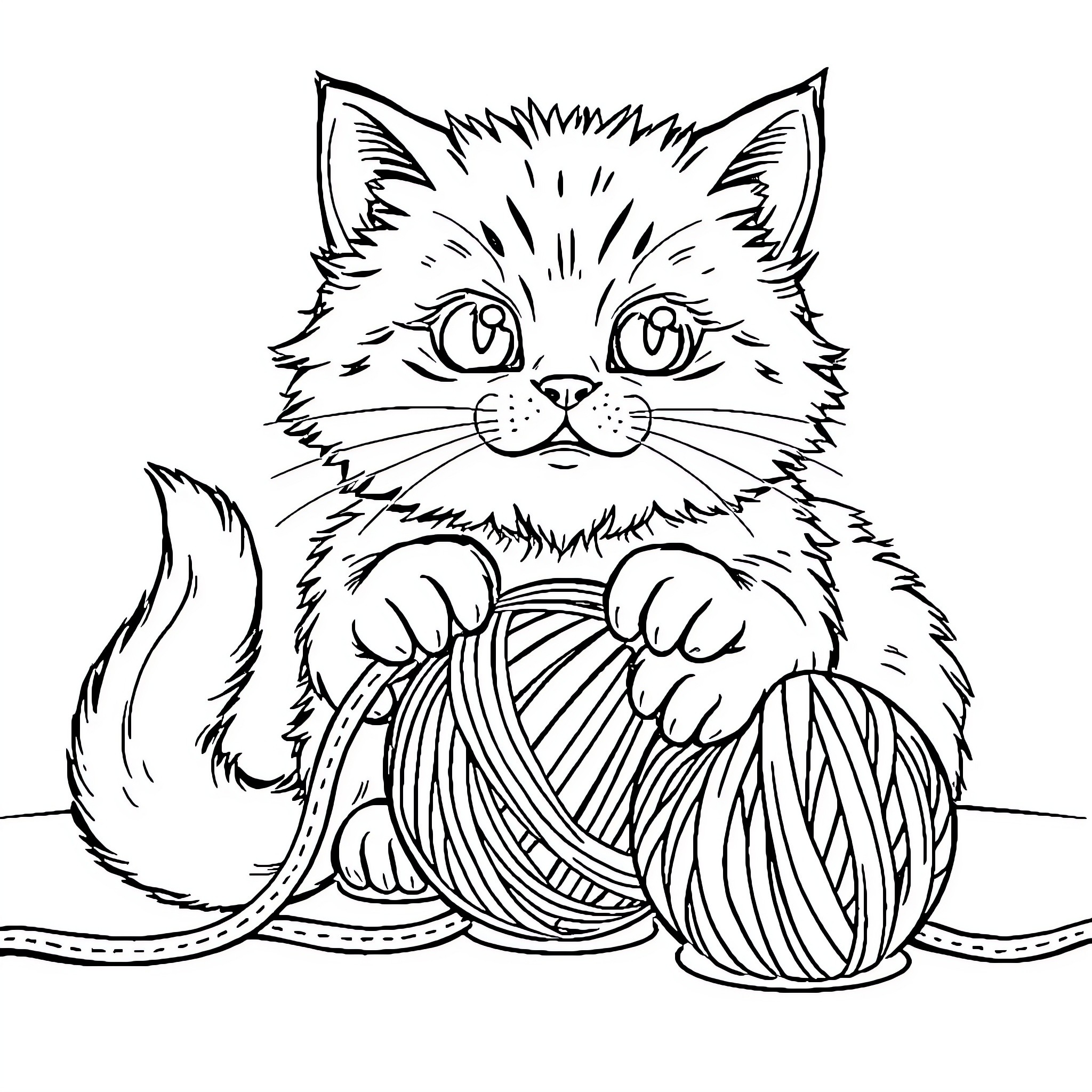 Cat playing with yarn on the floor Coloring Page (free black-and-white line drawing printable PDF for all, from beginners to advanced learners, including children, teens, adults, and seniors)