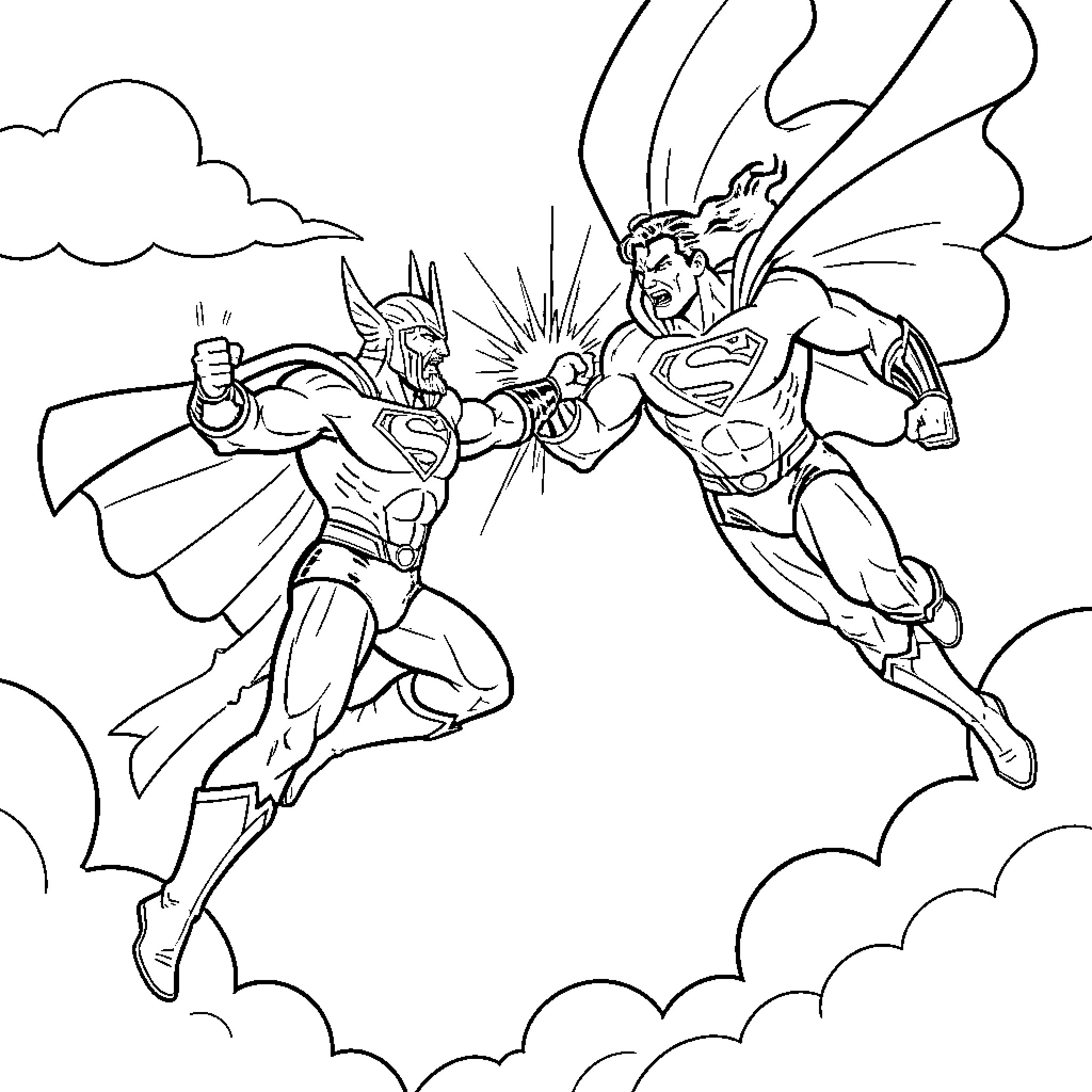Thor and Superman in Epic Superhero Clash Coloring Page (free black-and-white line drawing printable PDF for all, from beginners to advanced learners, including children, teens, adults, and seniors)