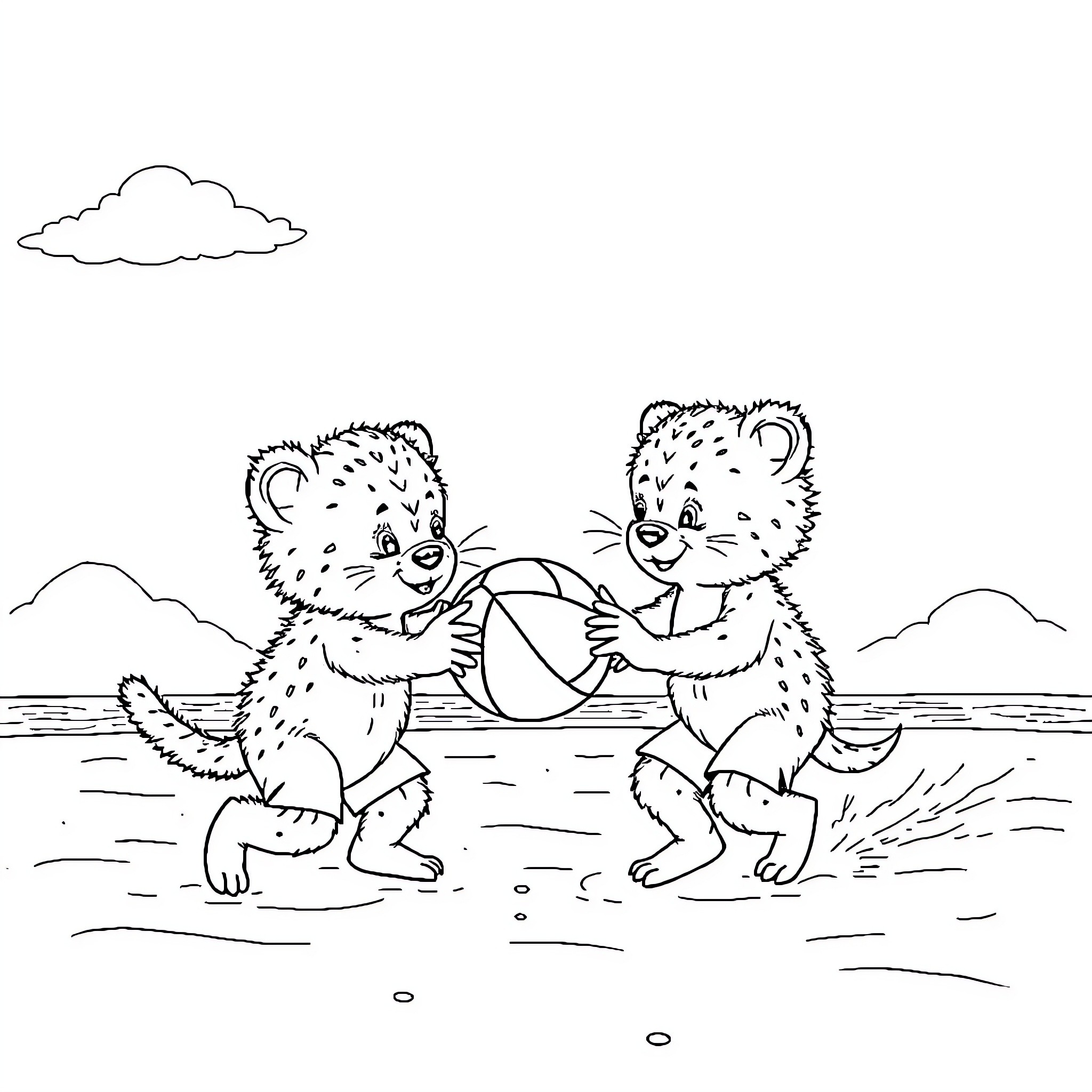 Bear cubs playing with ball on beach Coloring Page (free black-and-white line drawing printable PDF for all, from beginners to advanced learners, including children, teens, adults, and seniors)