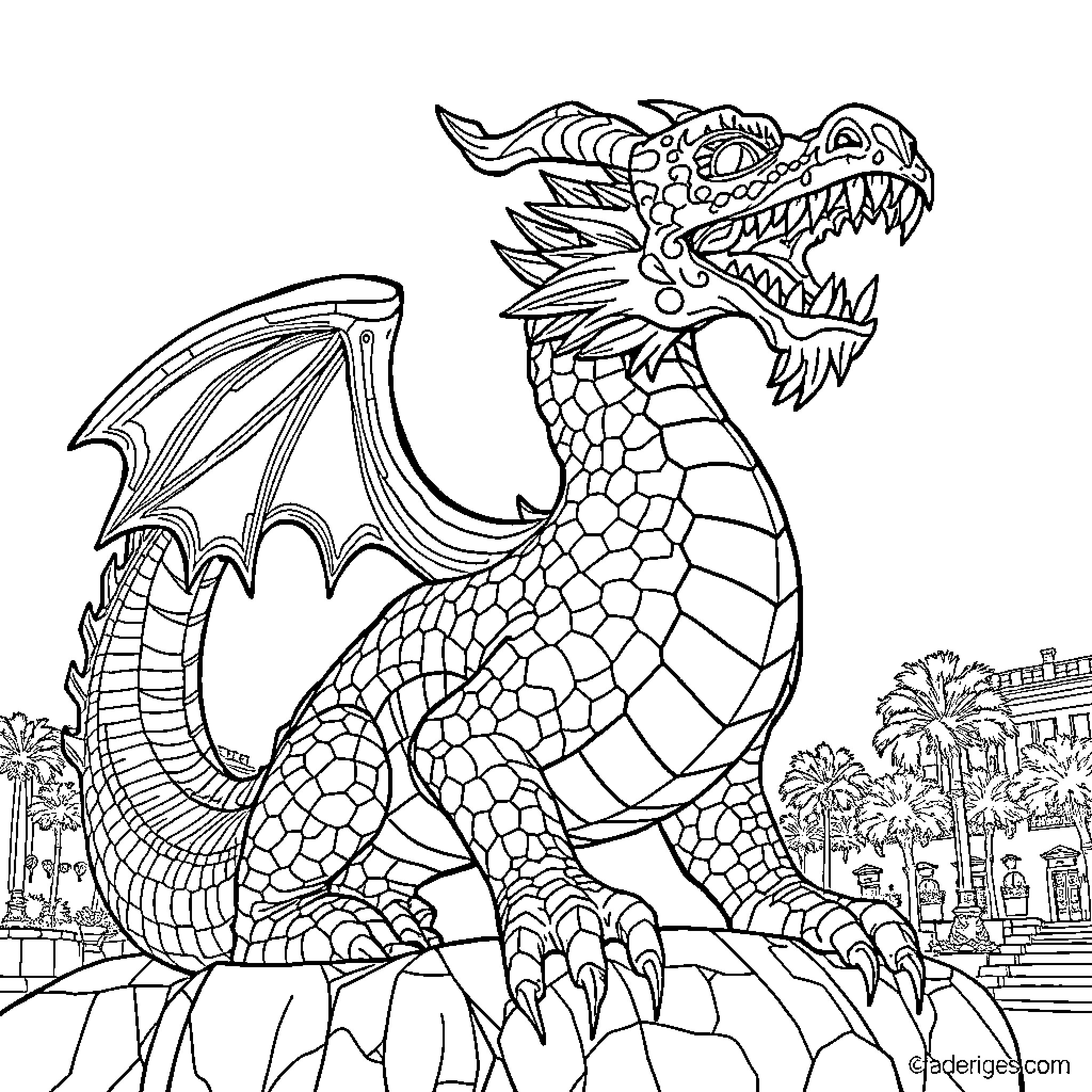 Drac the Dragon's Fearsome Pose Coloring Page (free black-and-white line drawing printable PDF for all, from beginners to advanced learners, including children, teens, adults, and seniors)