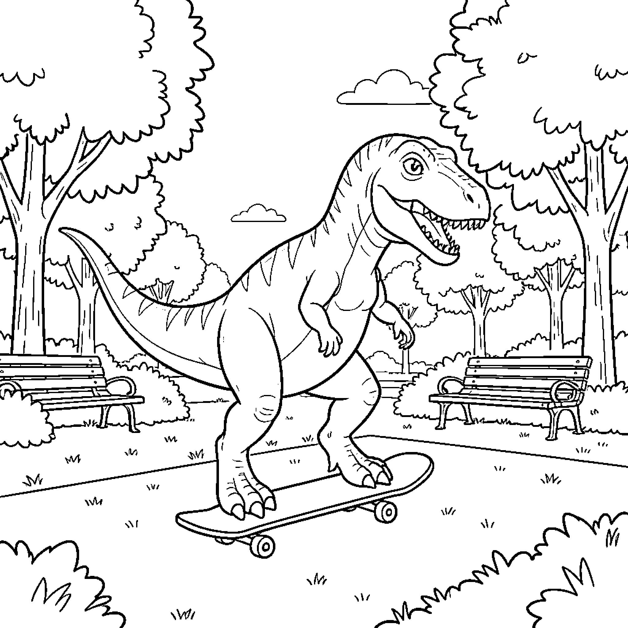 Dinosaur riding skateboard in the park Coloring Page (free black-and-white line drawing printable PDF for all, from beginners to advanced learners, including children, teens, adults, and seniors)